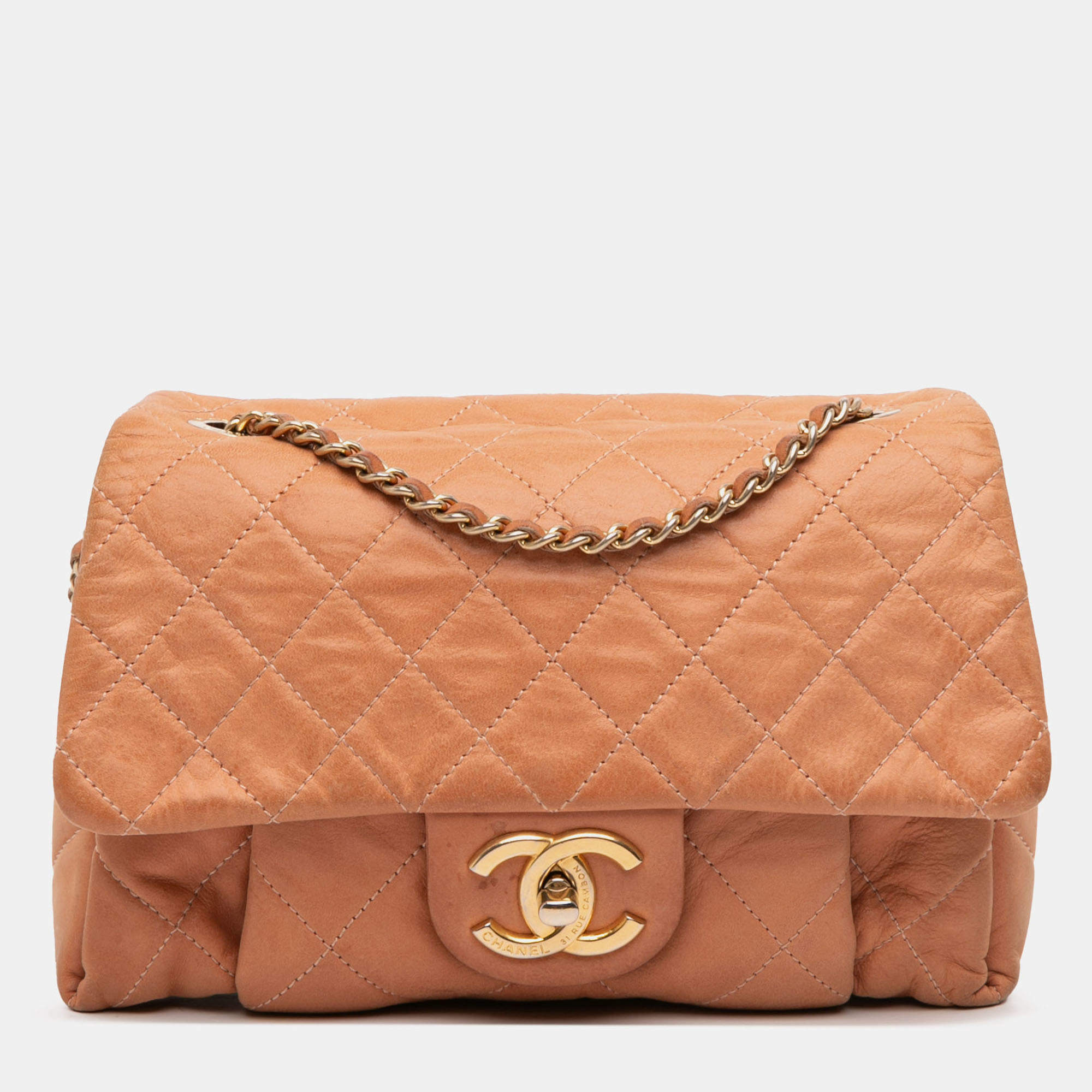 Pre Owned Chanel Orange Small Aged Calfskin Chic Quilt Flap