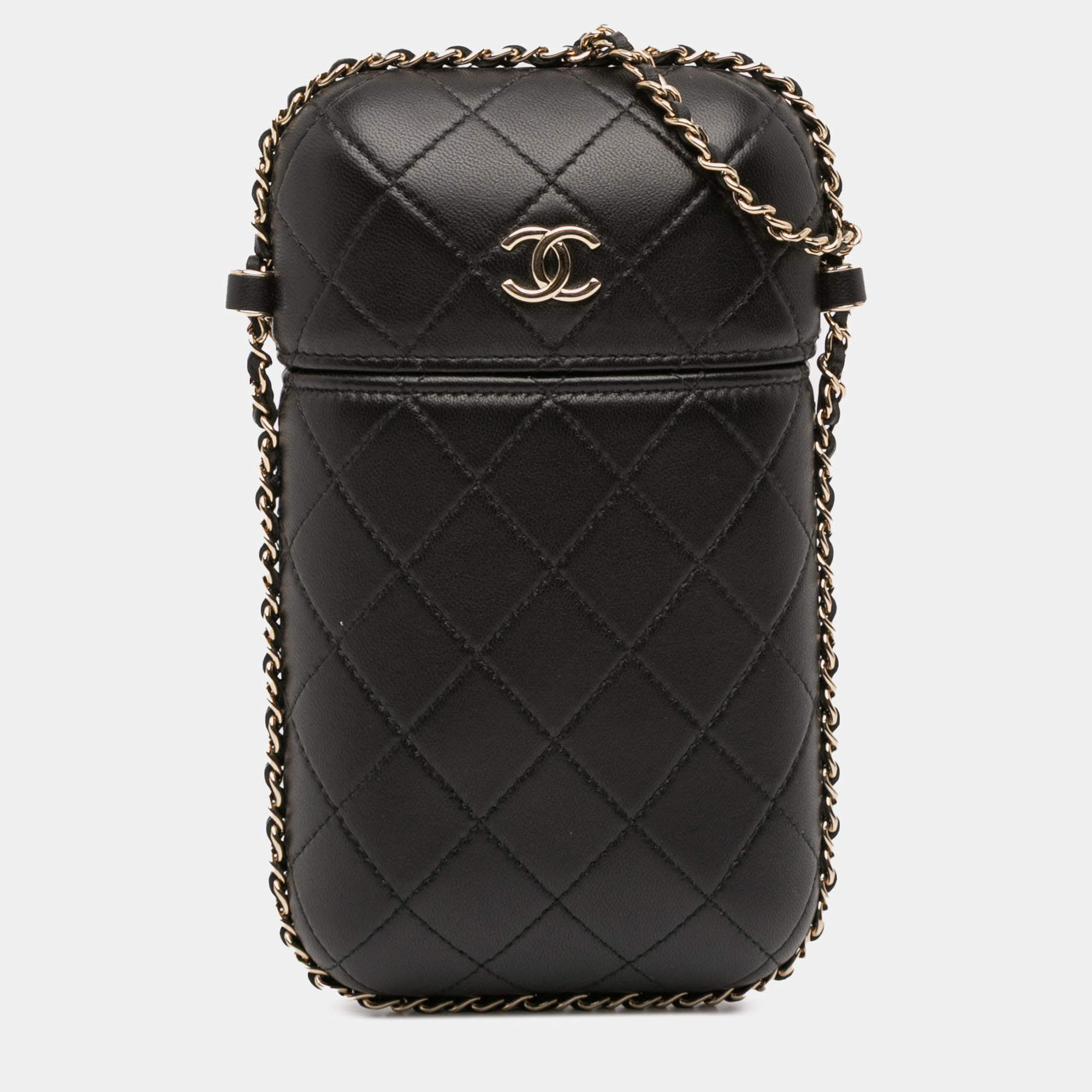 Pre Owned Chanel Black CC Quilted Lambskin Chain Around Phone Holder