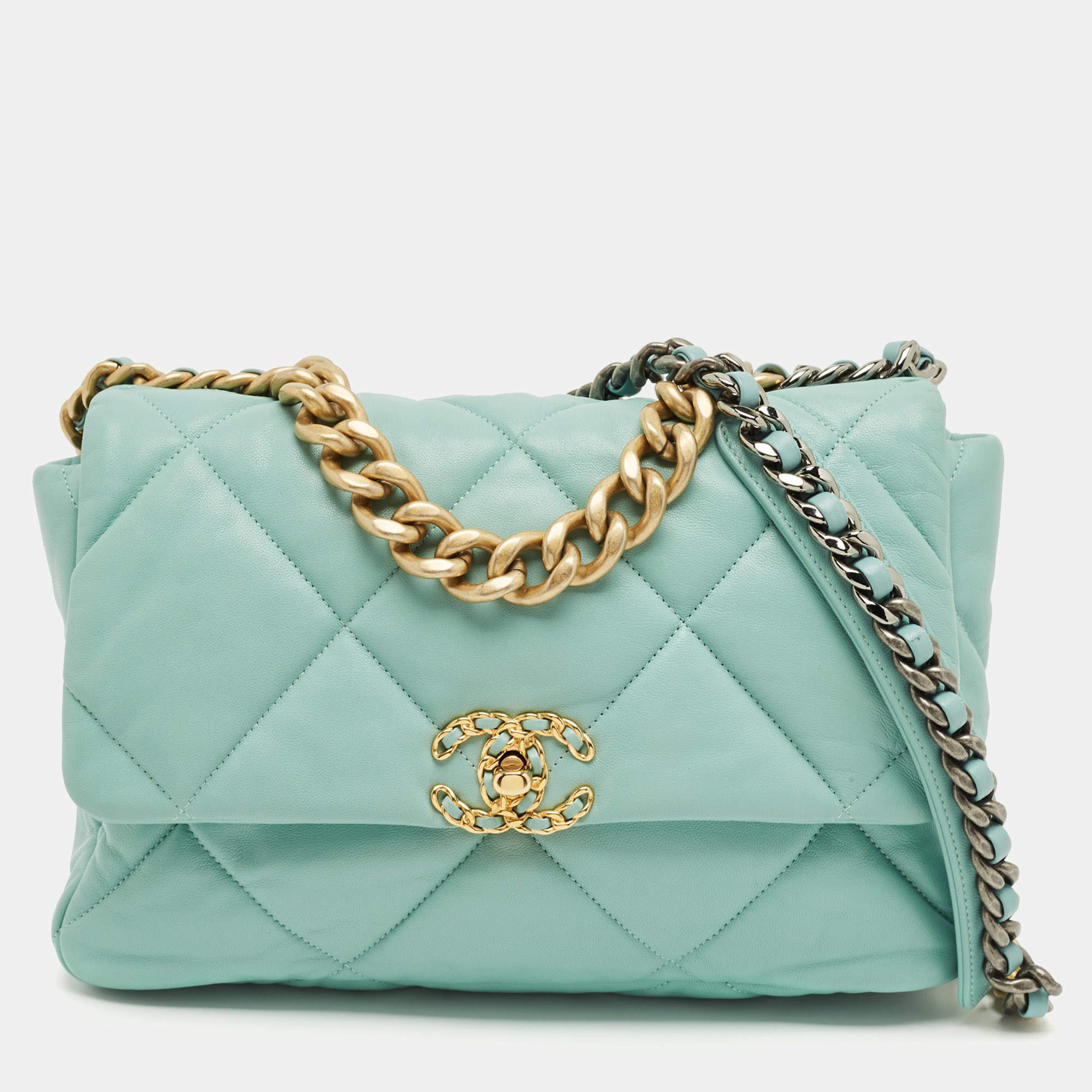 Pre Owned Chanel Mint Blue Quilted Leather Large 19 Flap Bag
