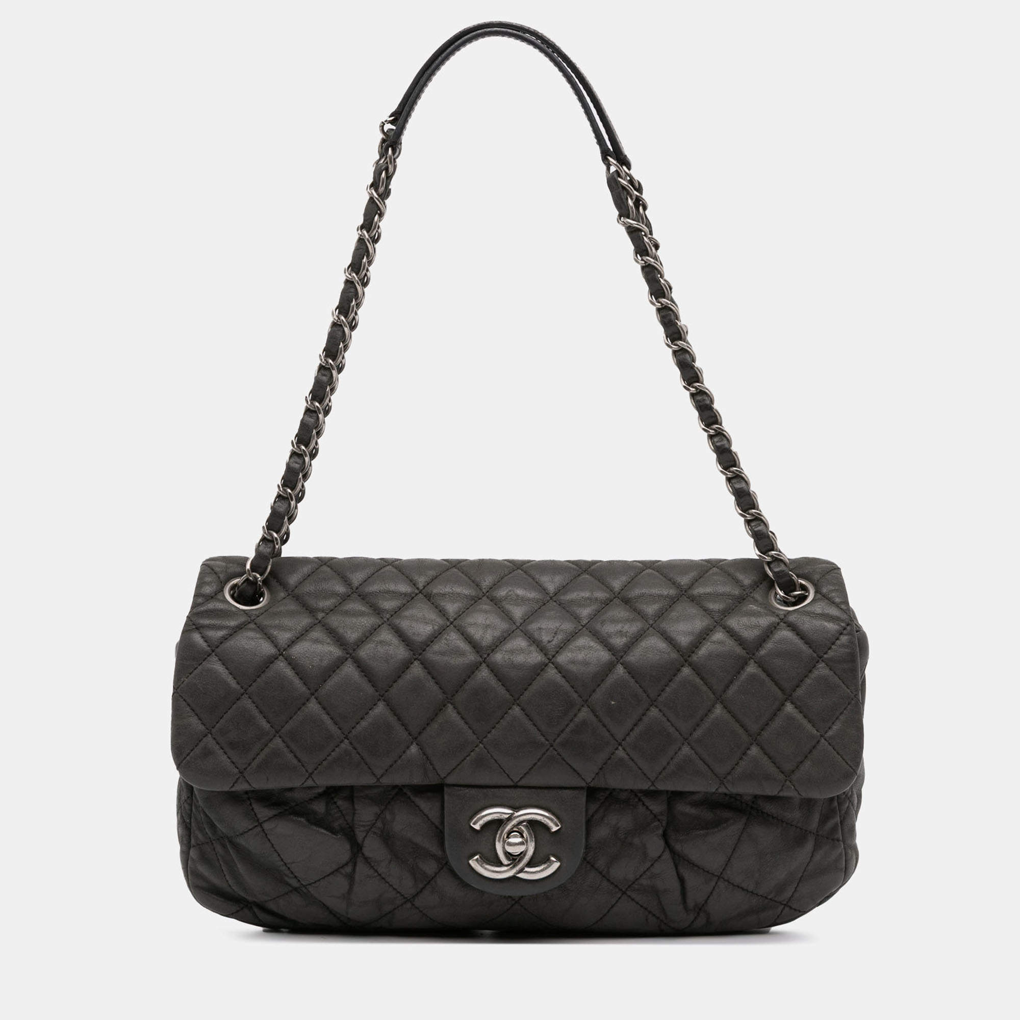 Pre Owned Chanel Black Large Iridescent Quilted Calfskin Coco Pleats Flap