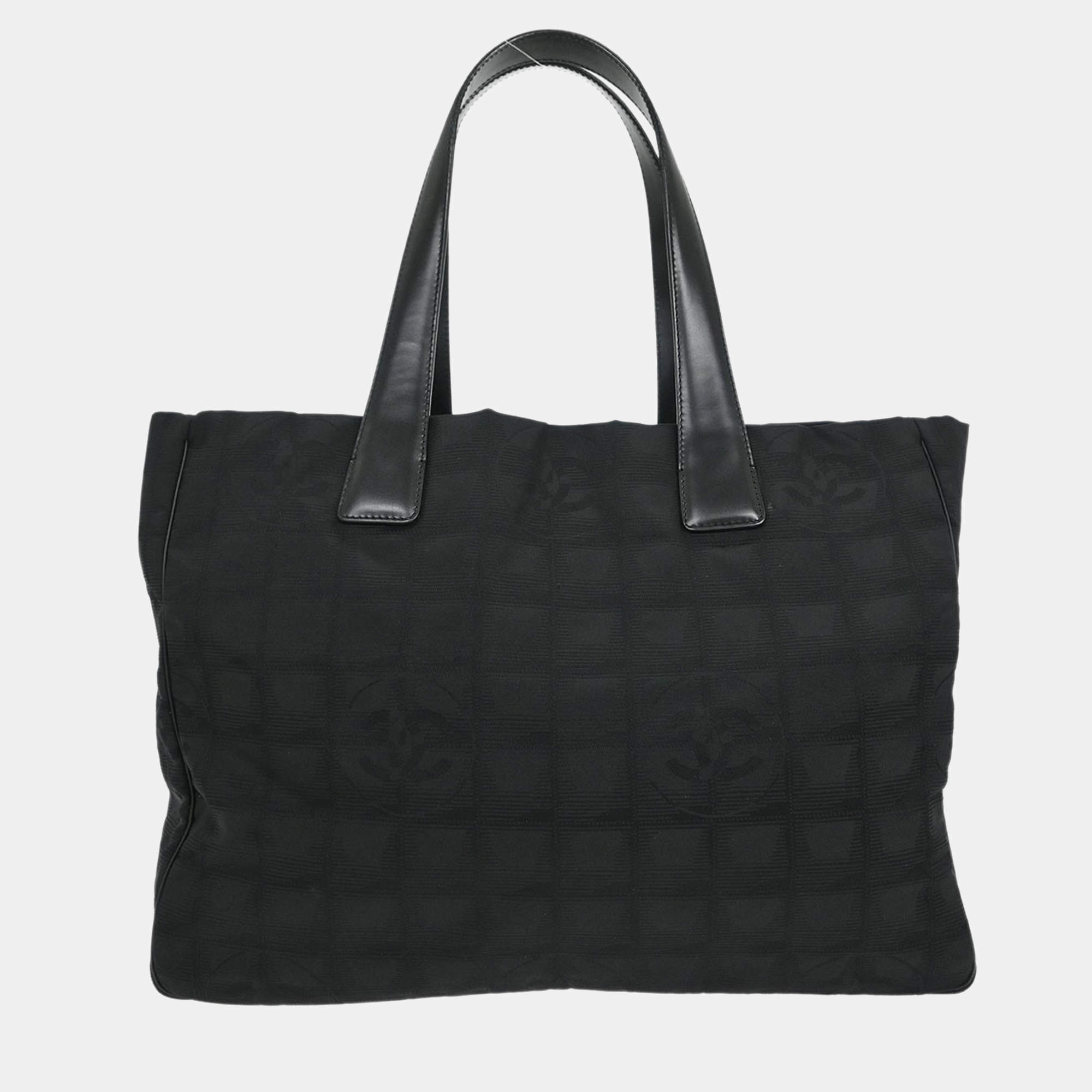 Pre Owned Chanel Black Jacquard Nylon Travel Line Tote Handbag