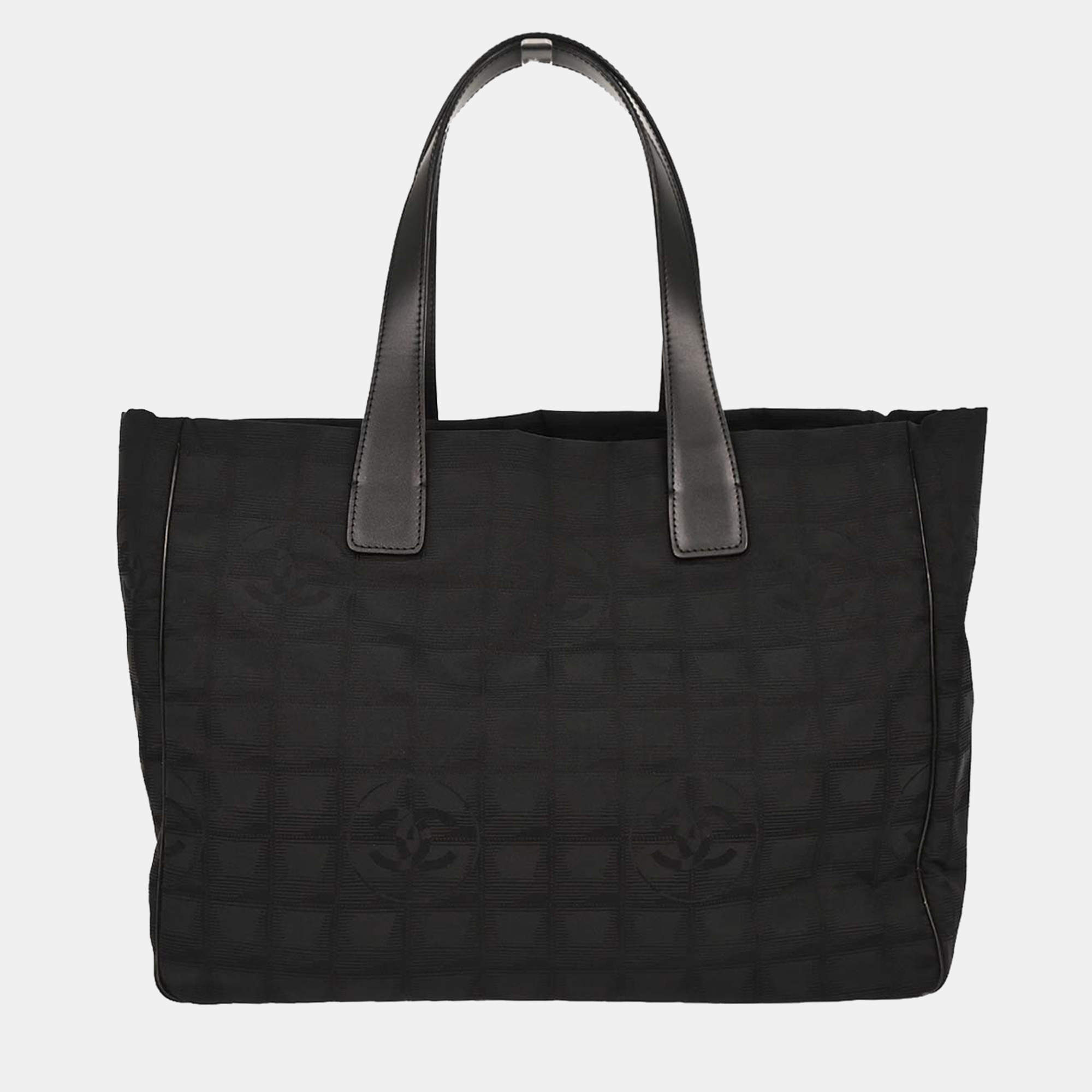 Pre Owned Chanel Black Jacquard Nylon Travel Line Tote Handbag