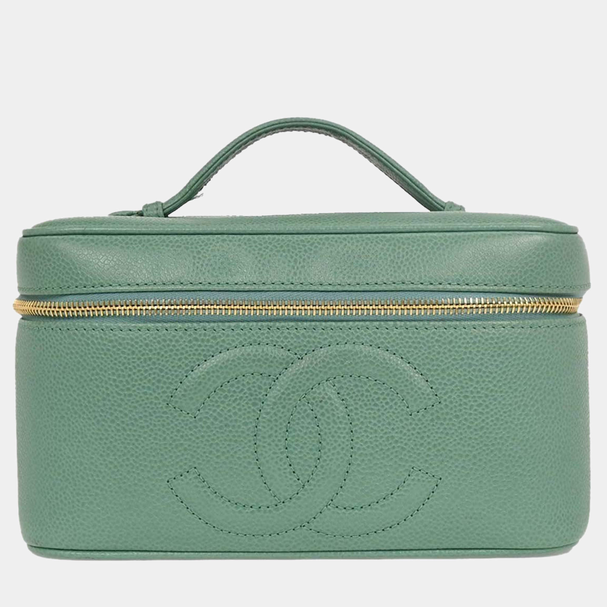 Pre Owned Chanel Green Calfskin Vanity Handbag
