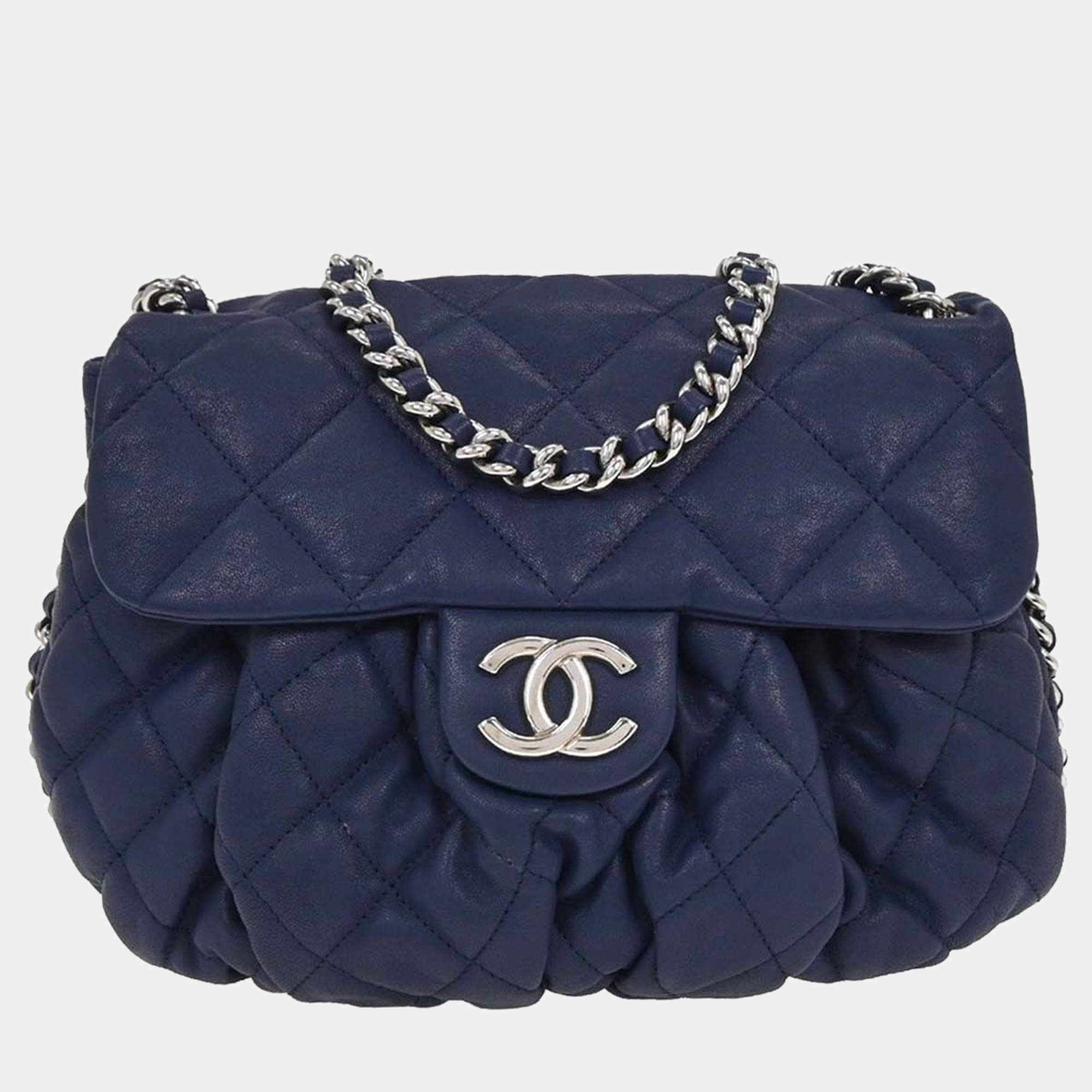 Pre Owned Chanel Blue Calfskin Chain Around Shoulder Bag