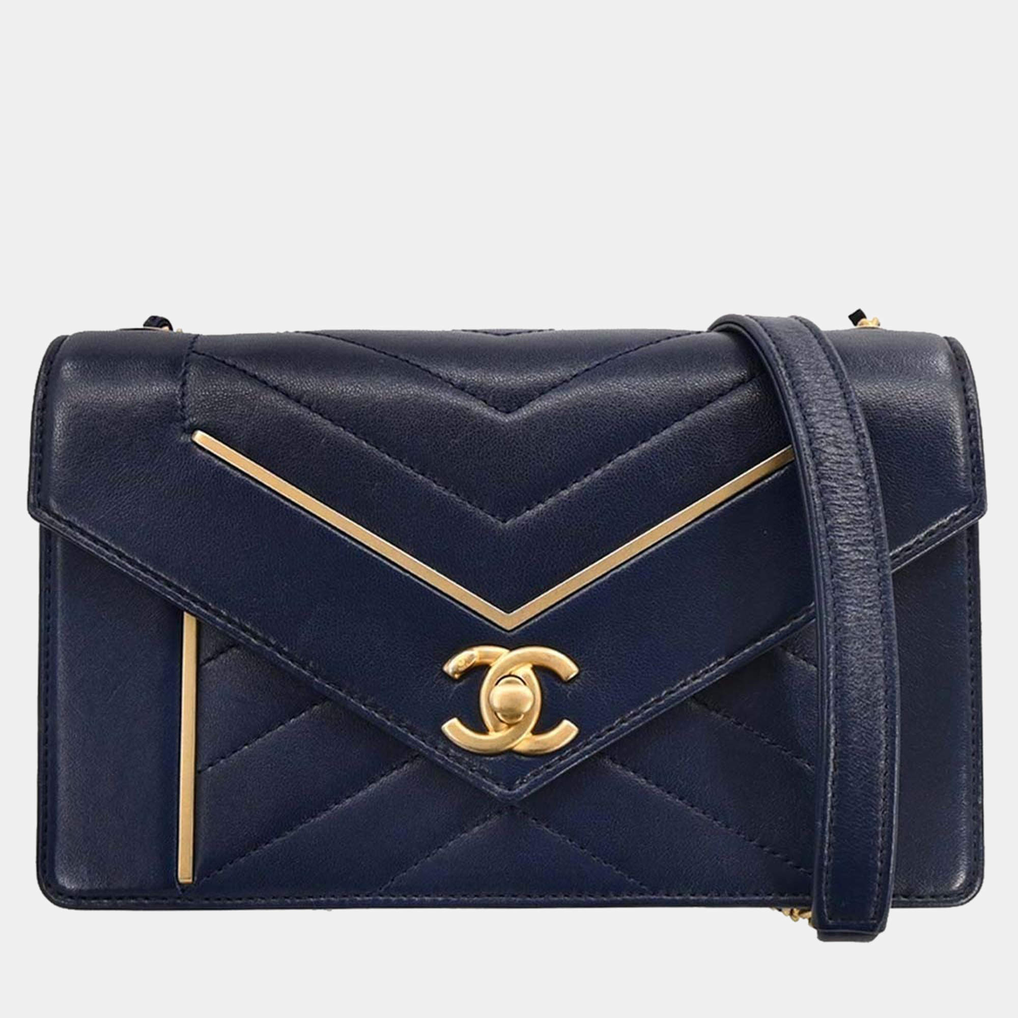 Pre Owned Chanel Navy Lambskin Chevron Shoulder Bag
