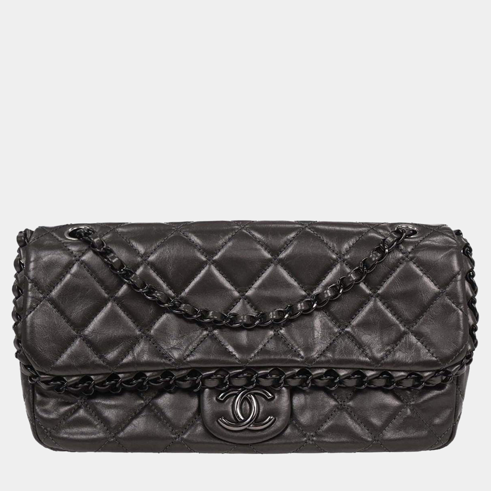 Pre Owned Chanel Gray Calfskin Luxury Line Chain Shoulder Bag