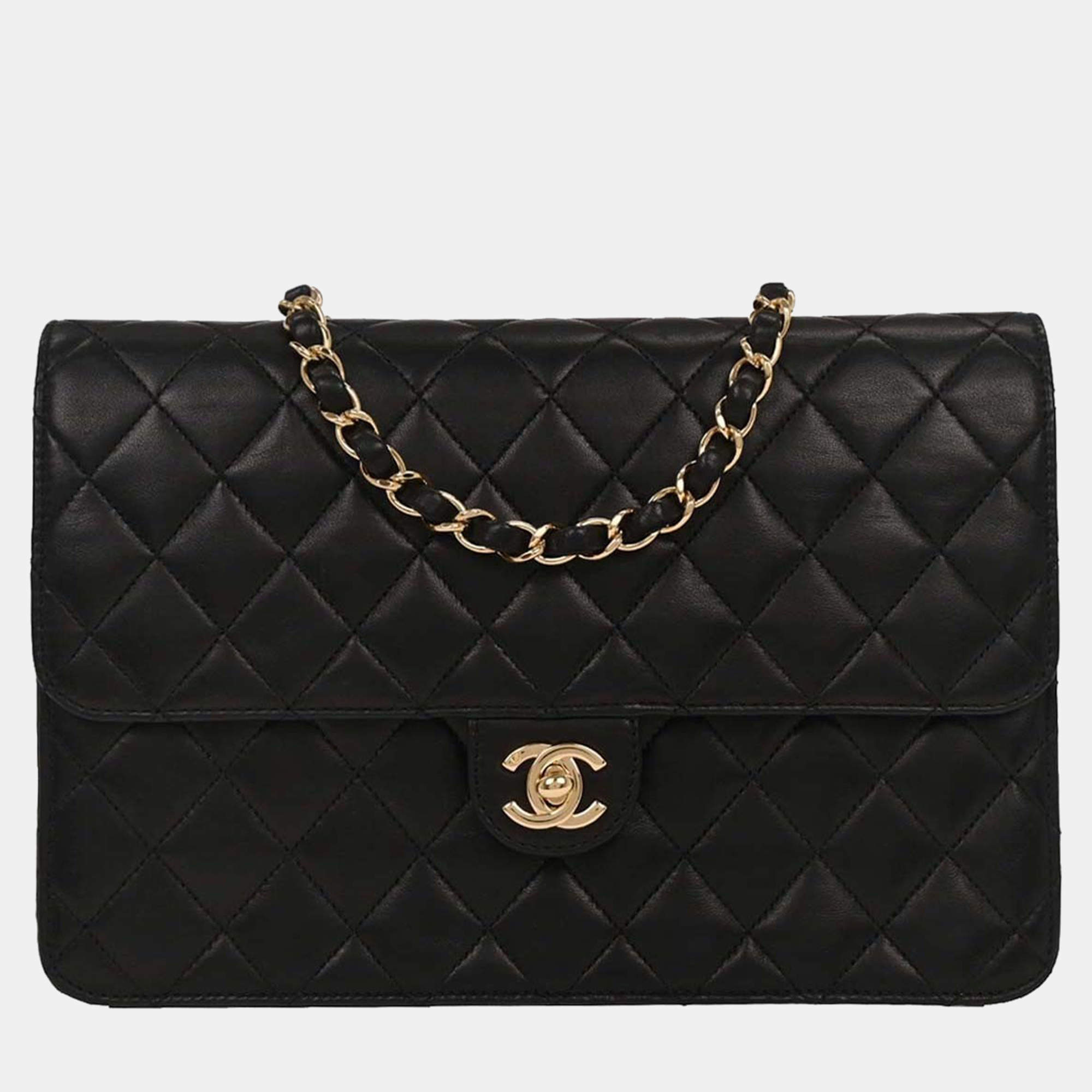 Pre Owned Chanel Black Lambskin Turnlock Medium Half Flap Shoulder Bag