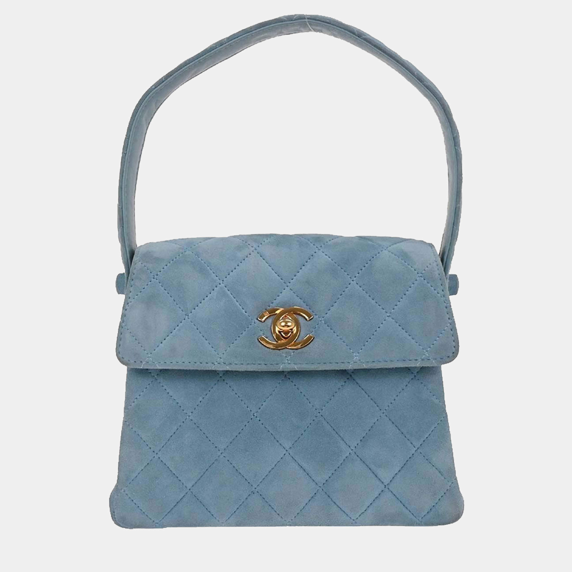 Pre Owned Chanel Light Blue Suede Straight Flap Handbag