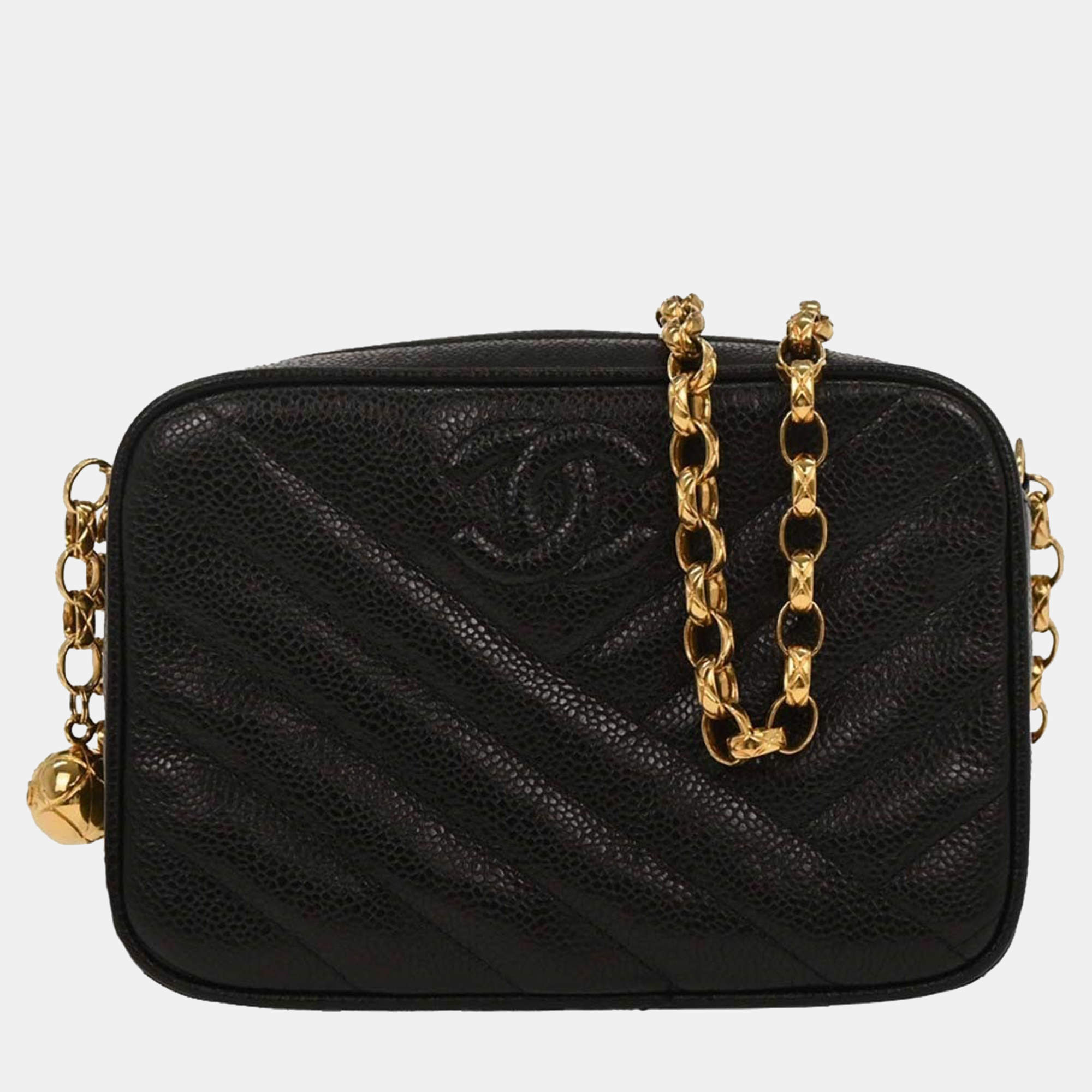 Pre Owned Chanel Black Calfskin Bias Stitch Camera Bag Mini