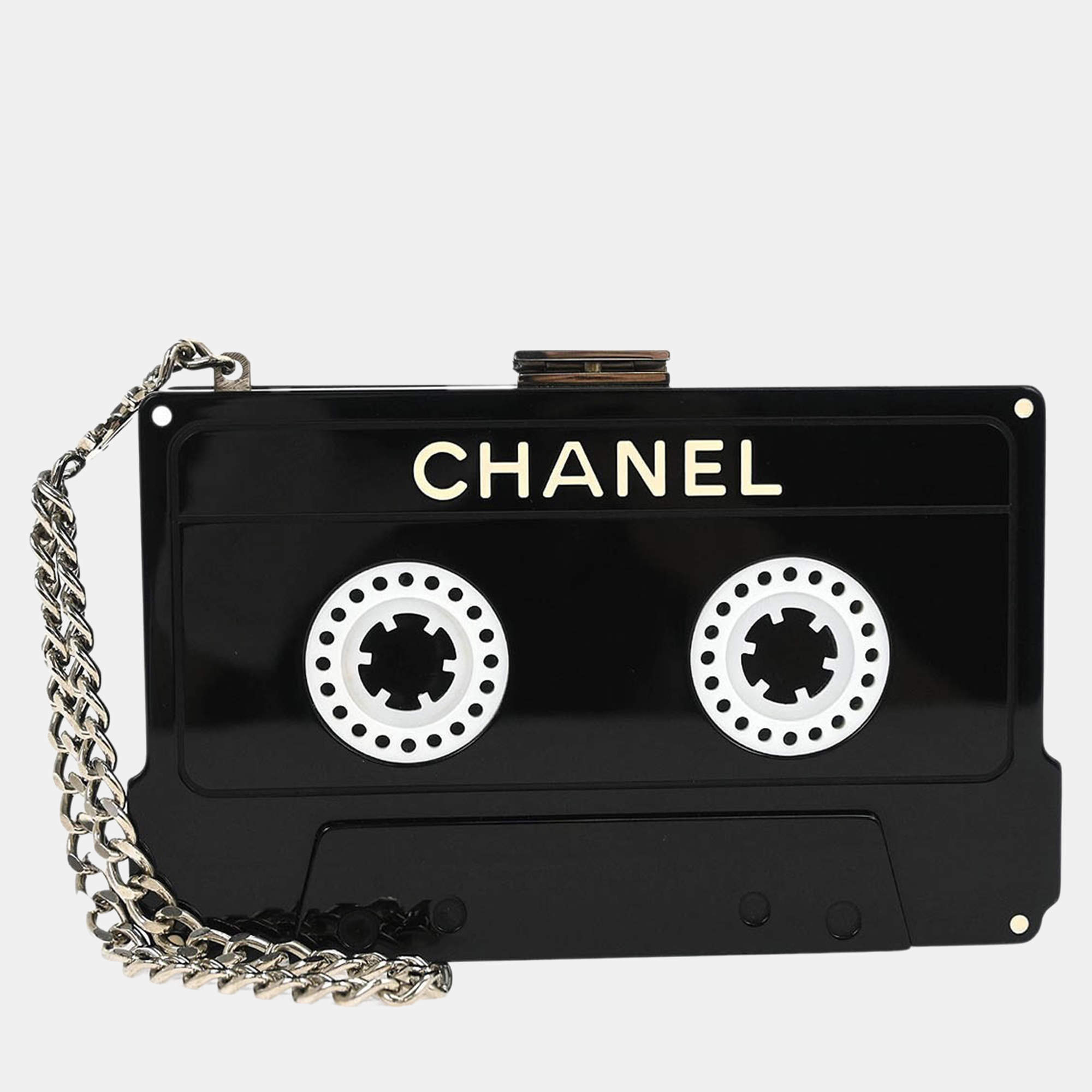 Pre Owned حقيبة كلتش شانييل أكريليك سوداء على شكل شريط كاسيت