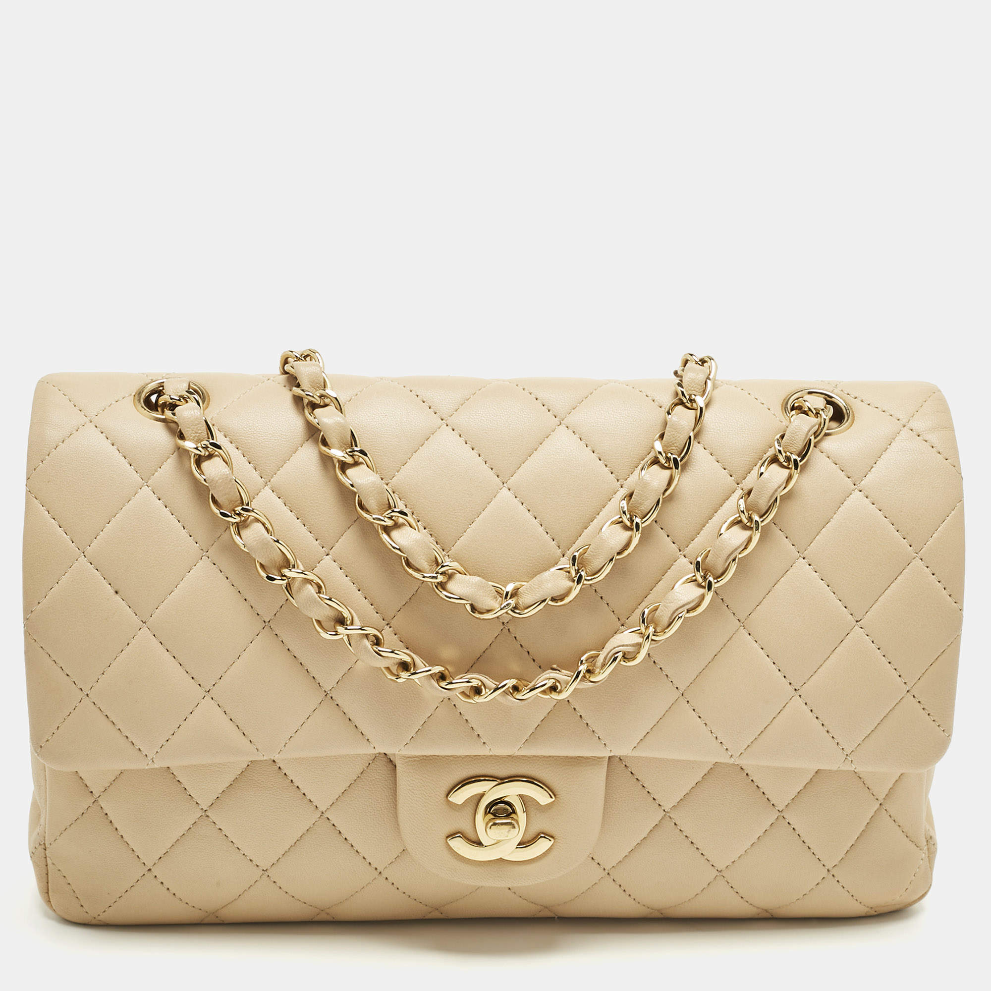 Pre Owned Chanel Beige Quilted Leather Medium Classic Double Flap Bag