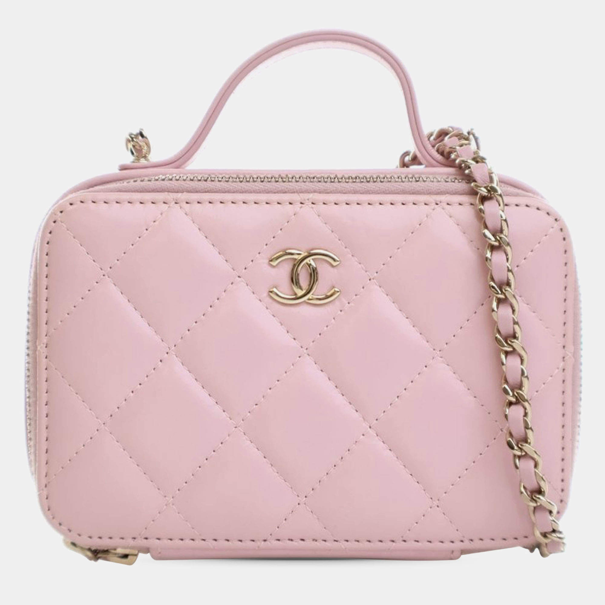 Pre Owned Chanel Pink Mini CC Glazed Calfskin Double Zip Top Handle Vanity Case
