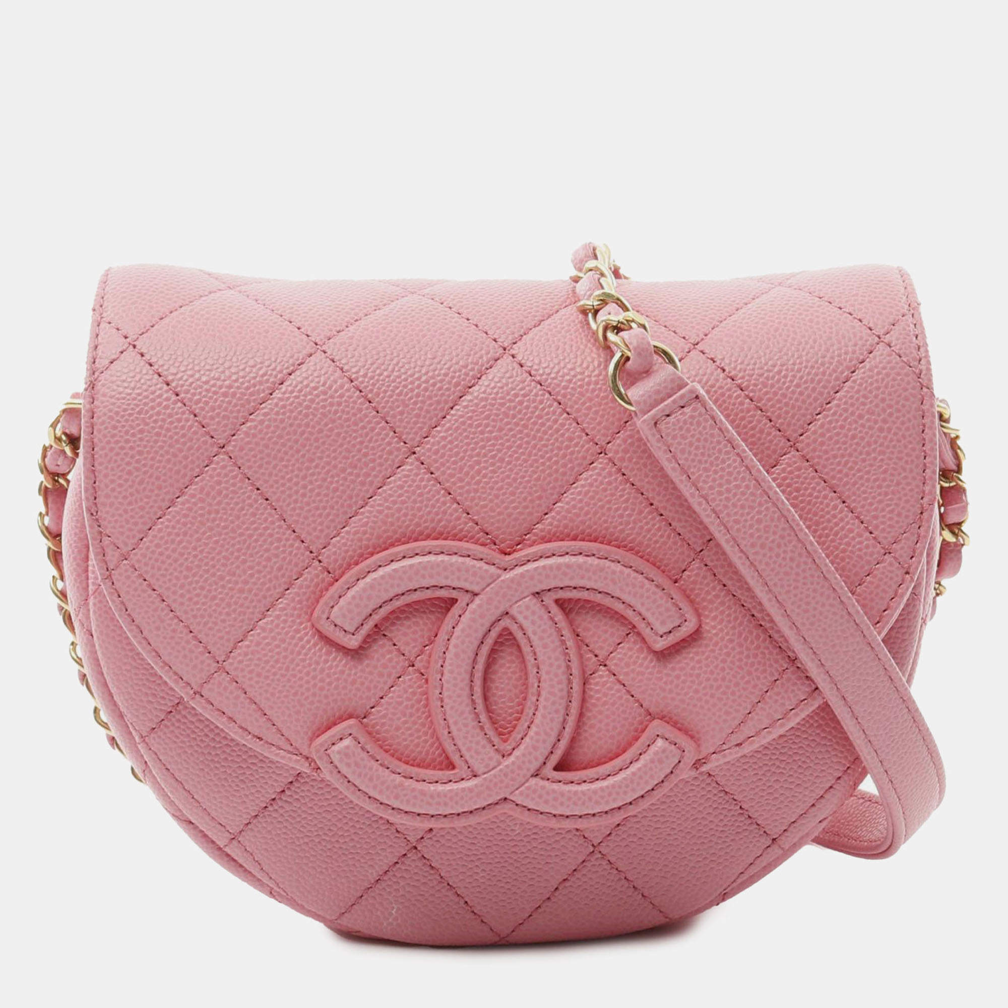 Pre Owned Chanel Pink Mini Quilted Caviar CC Messenger Flap