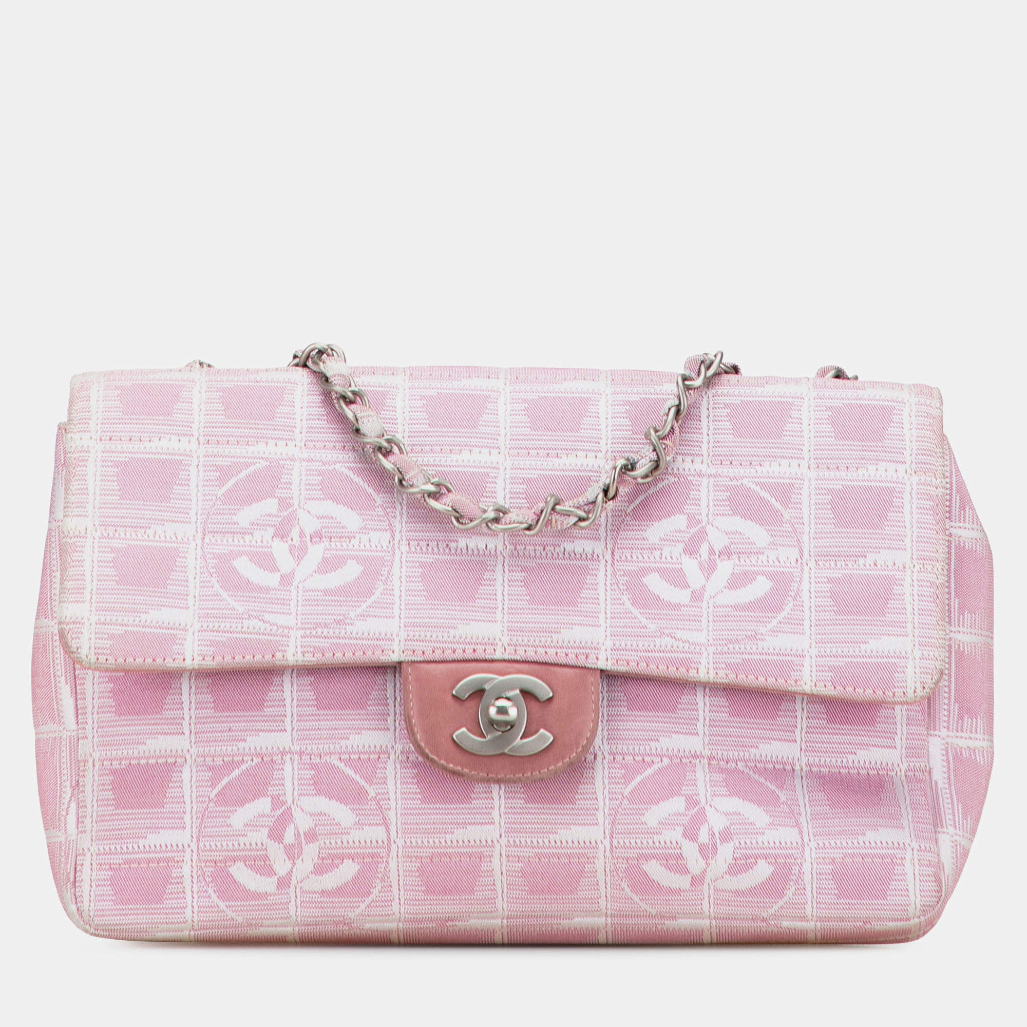 Pre Owned Chanel Pink Medium New Travel Line Nylon Single Flap