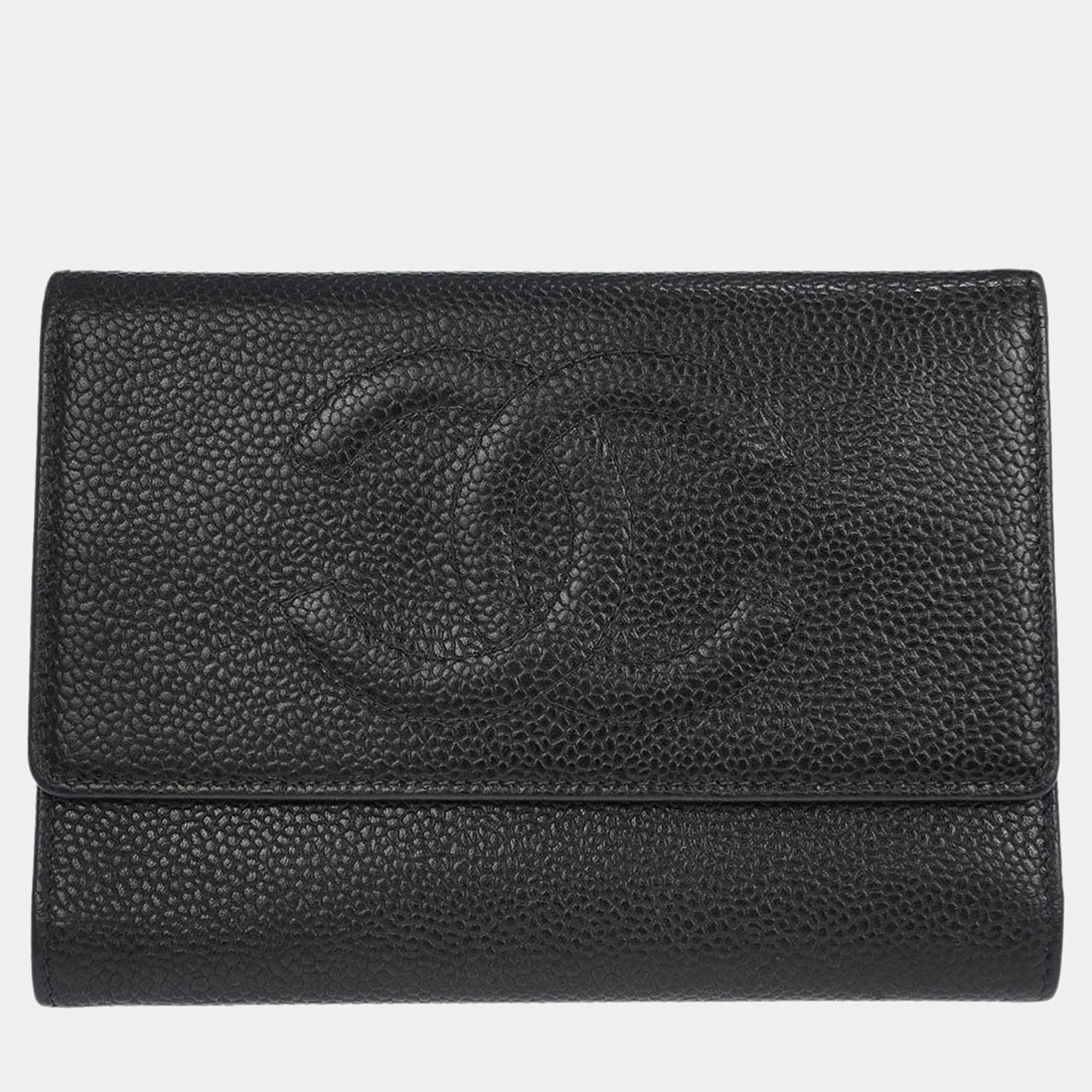 Pre Owned Chanel Black Calfskin Trifold Wallet