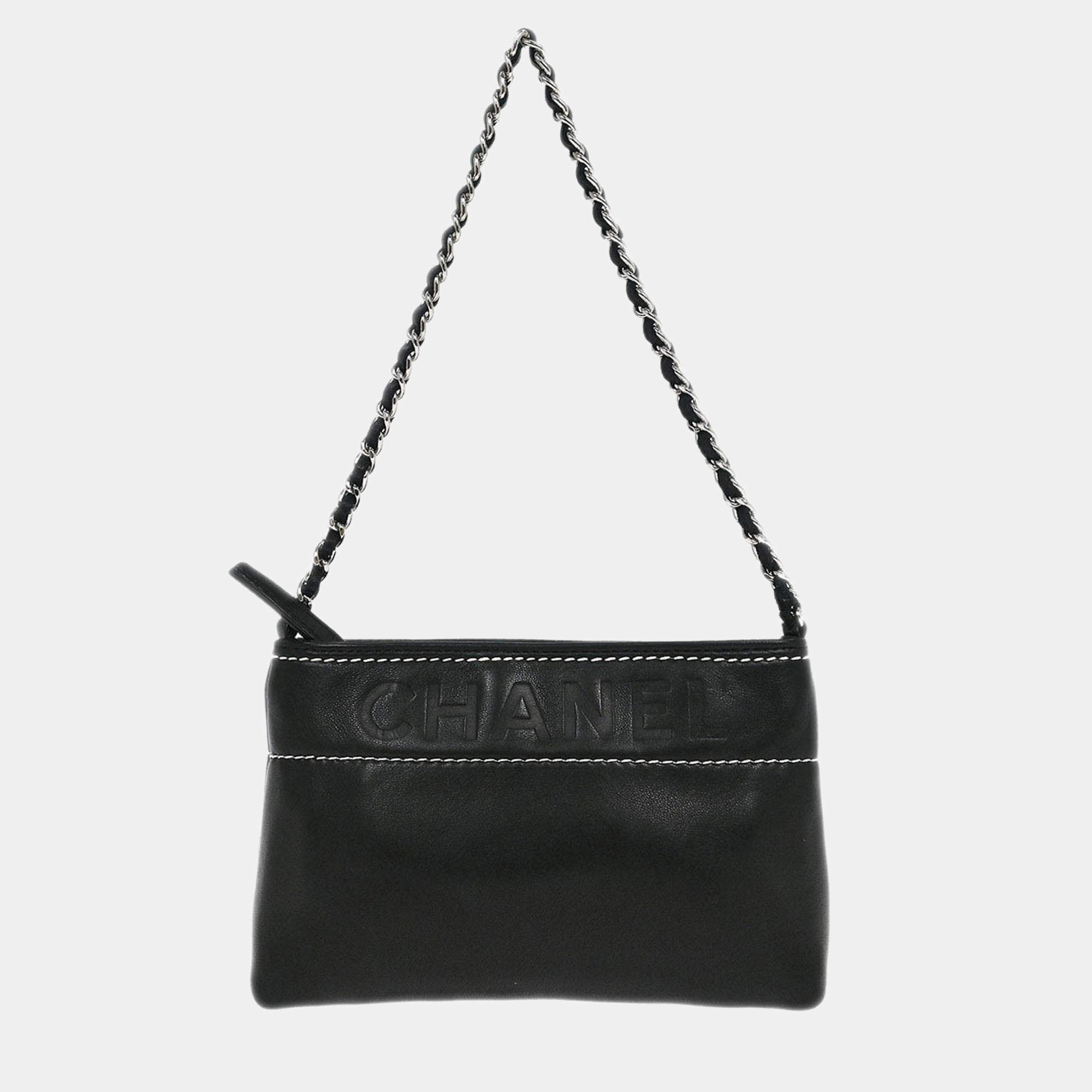 Pre Owned Chanel Black Lambskin Pouch Handbag