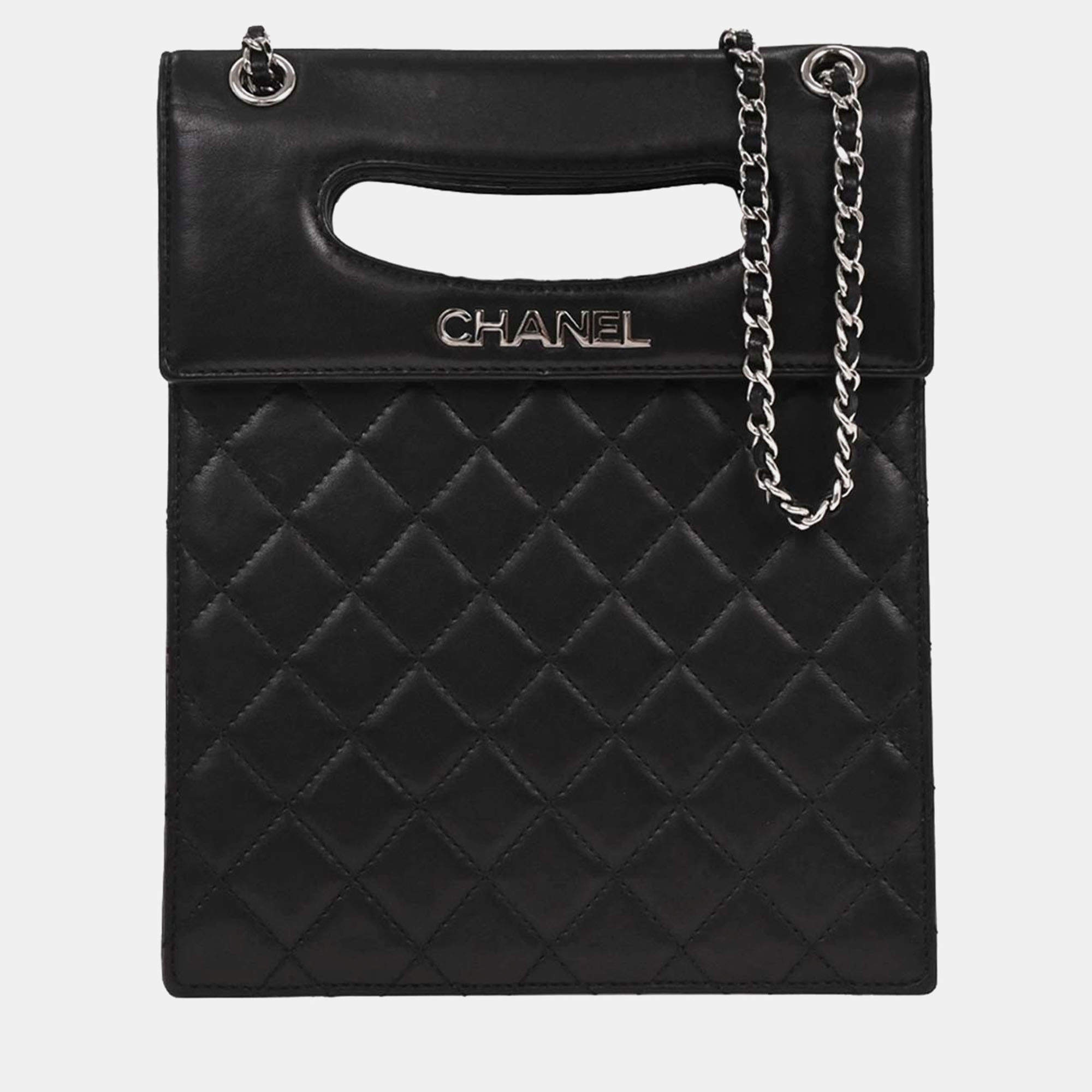 Pre Owned Chanel Black Lambskin Delivery Cutout 2way Handbag