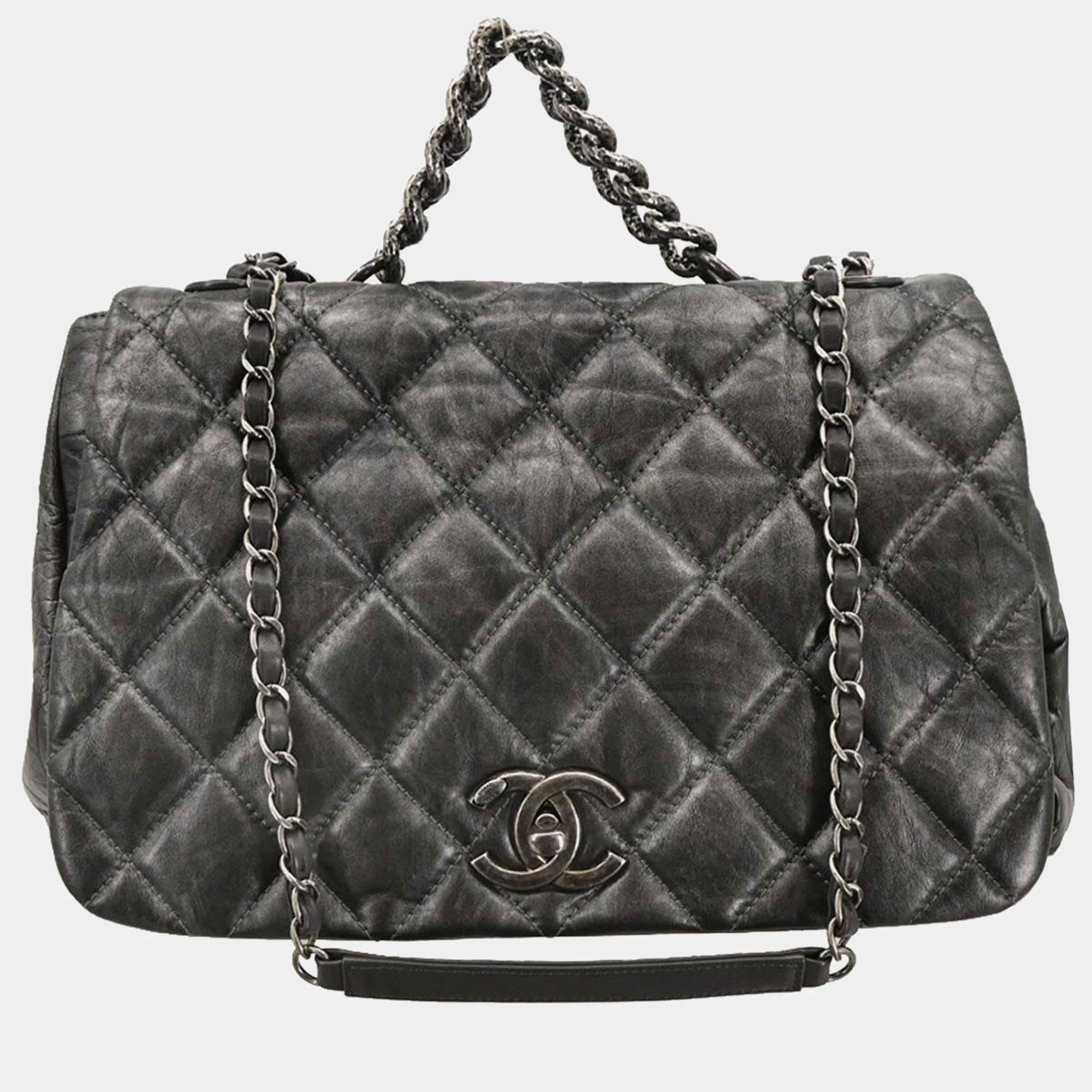Pre Owned Chanel Gray Calfskin Pondichery Flap 2way Handbag