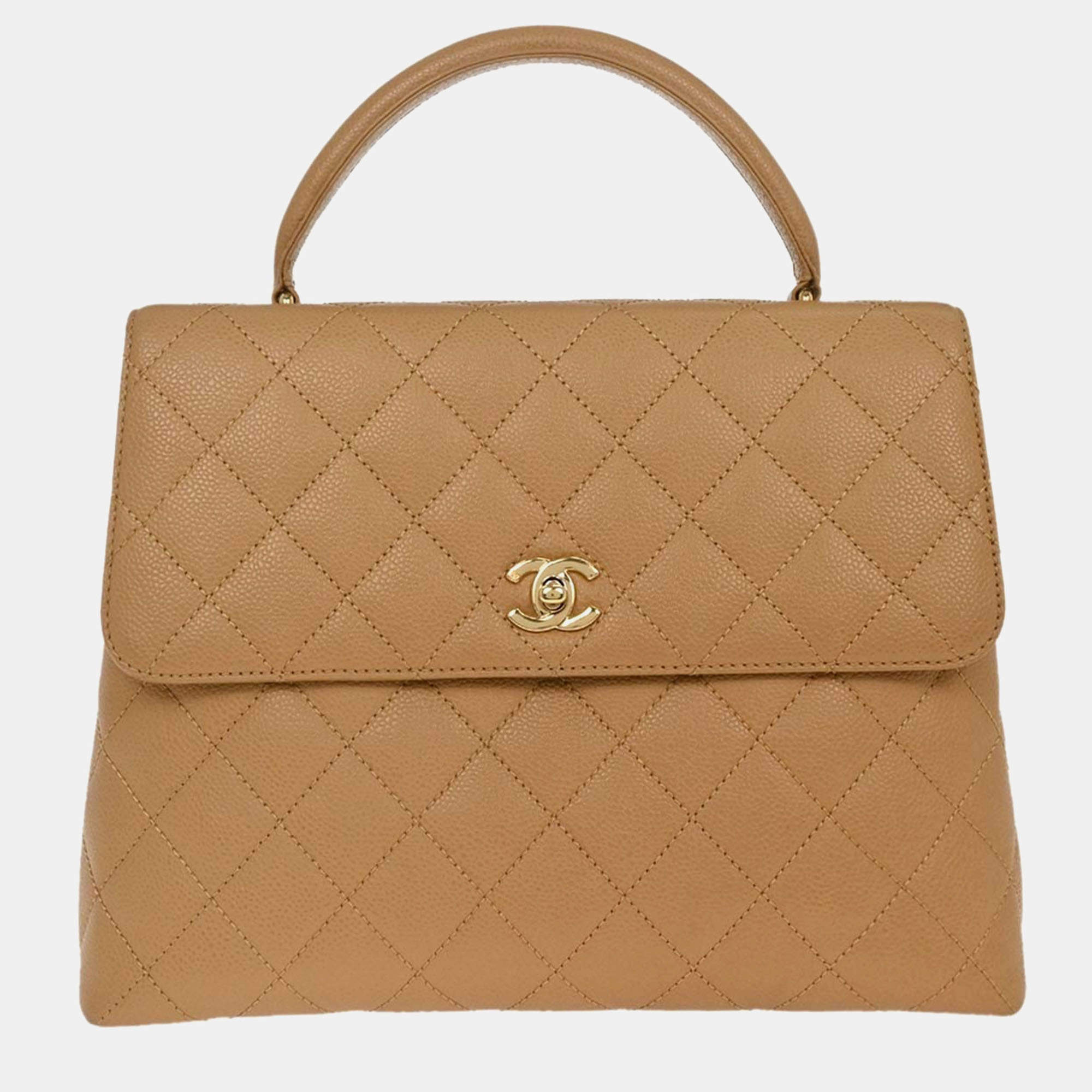 Pre Owned Chanel Beige Calfskin Top Handle Handbag