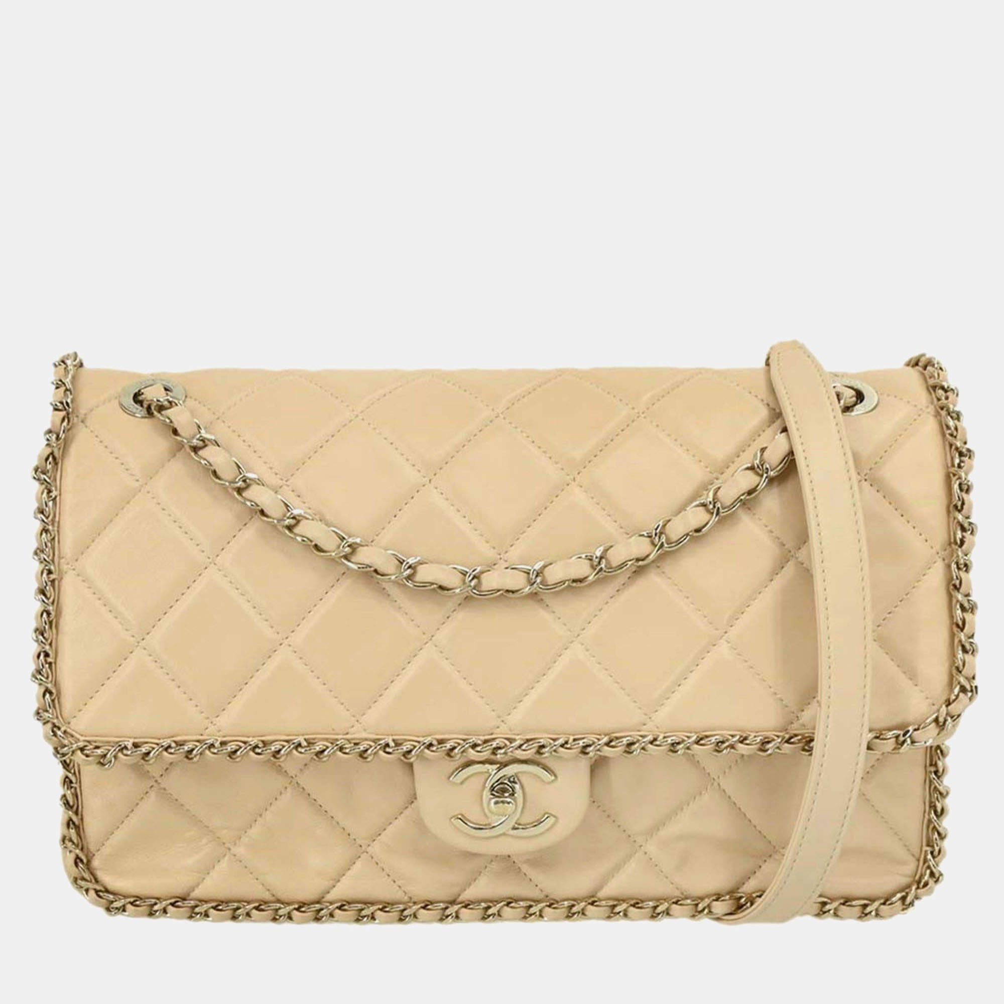 Pre Owned Chanel Beige Lambskin Jumbo Chain All Over Flap Shoulder Bag
