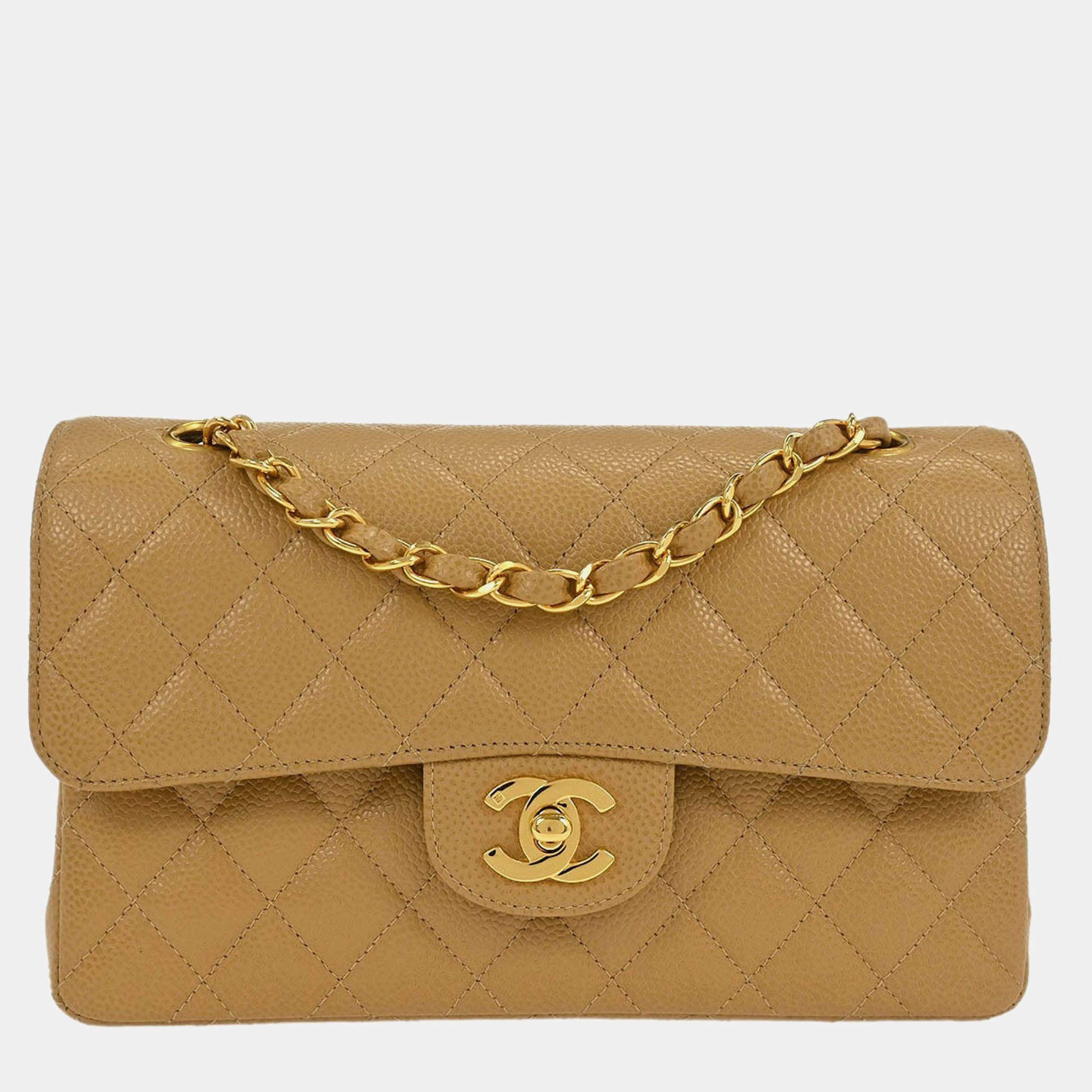Pre Owned Chanel Beige Calfskin Small Classic Double Flap Shoulder Bag