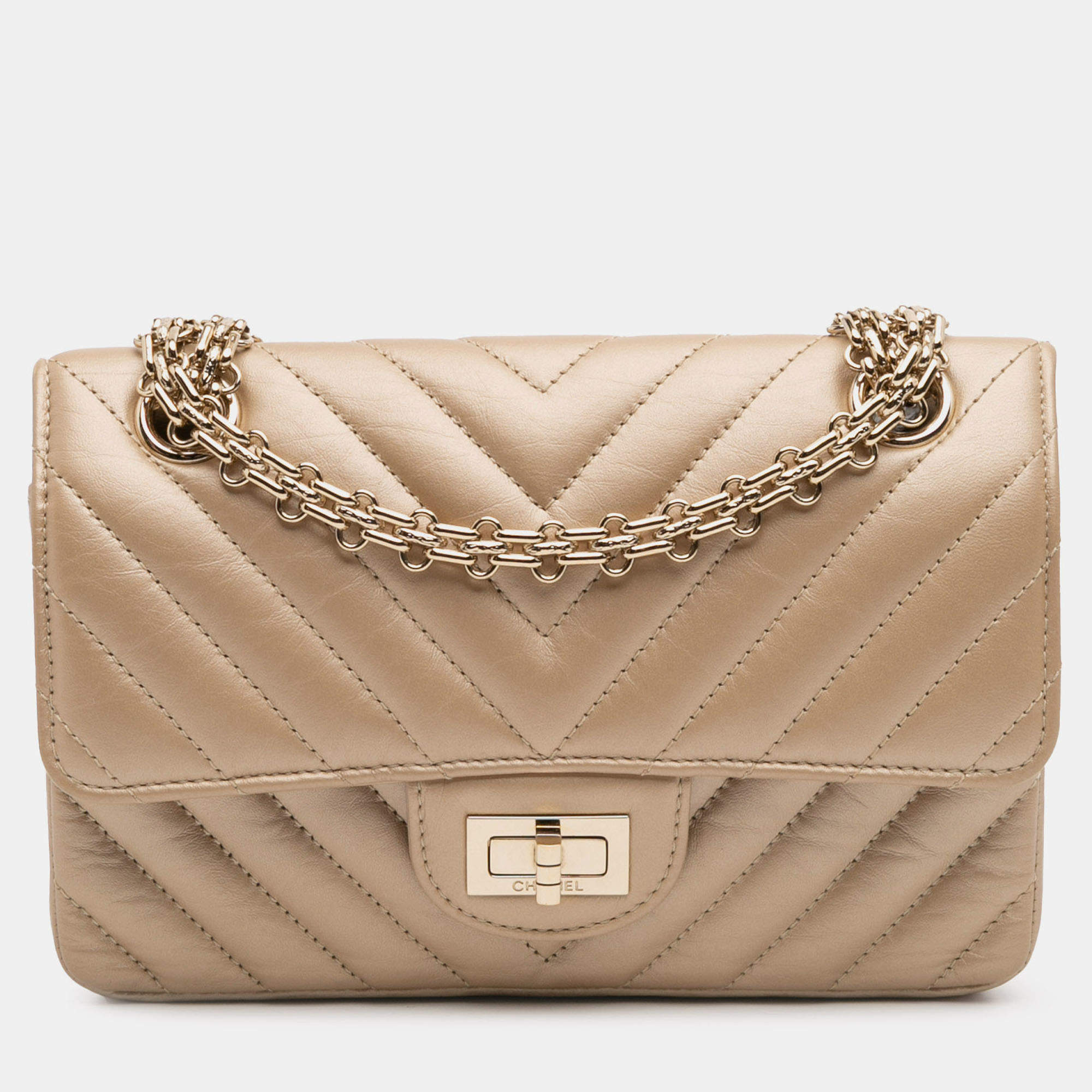 Pre Owned Chanel Gold Reissue 2.55 Chevron Quilted Metallic Calfskin Single Flap 224