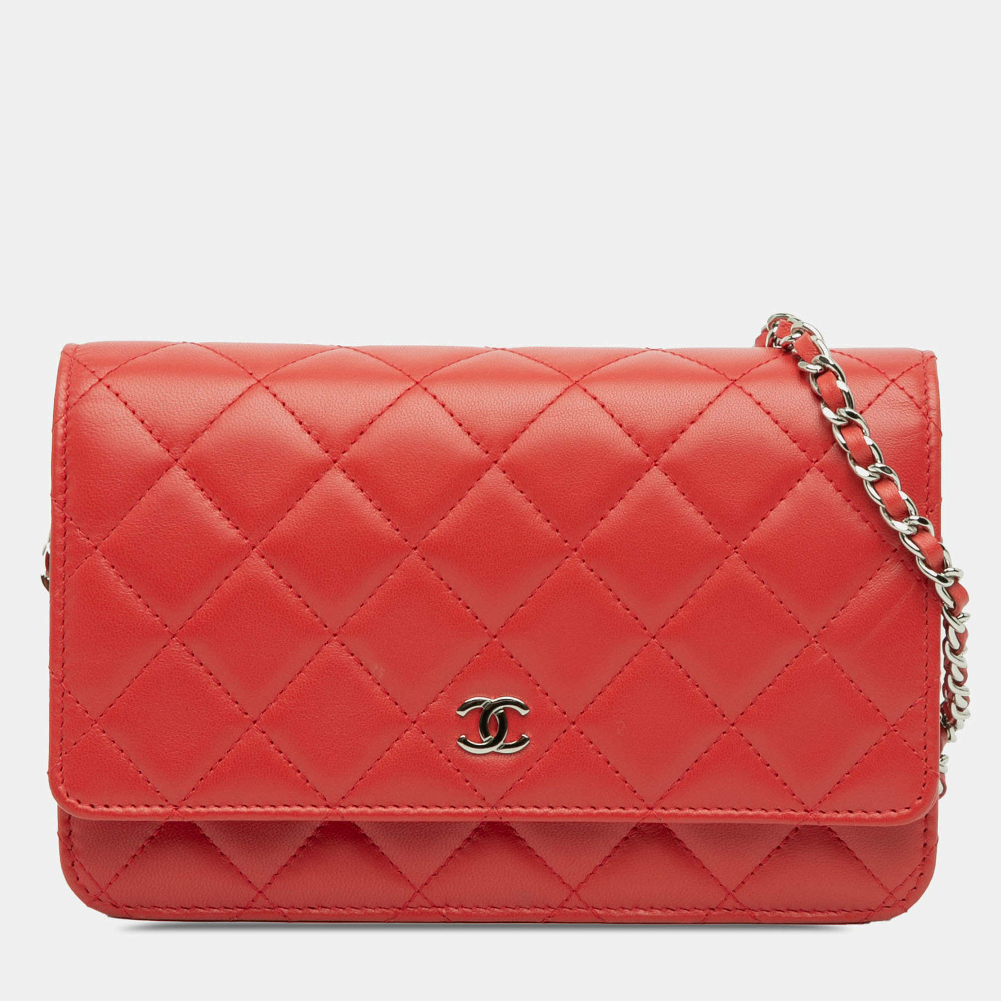 Pre Owned Chanel Red CC Quilted Lambskin Wallet on Chain
