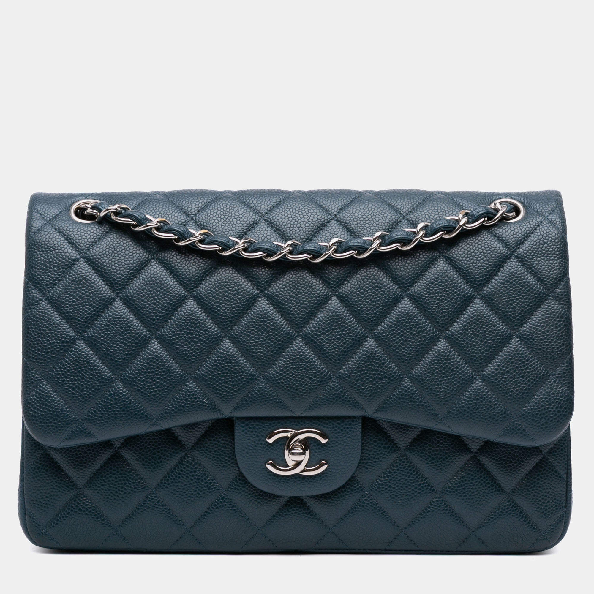 Pre Owned Chanel Blue Jumbo Classic Iridescent Caviar Double Flap