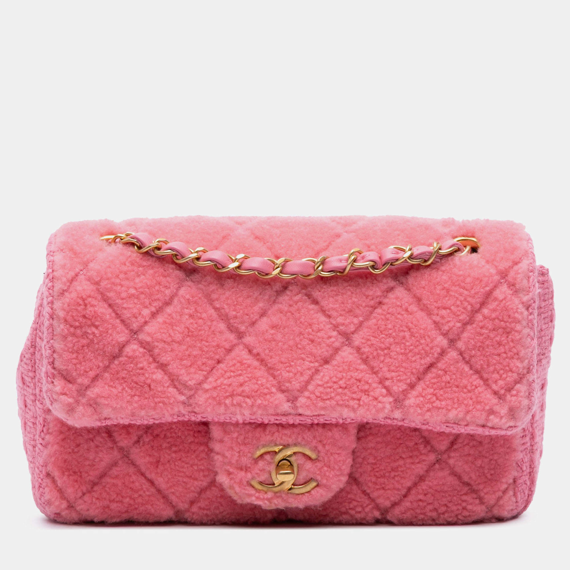 Pre Owned Chanel Pink CC Quilted Shearling and Tweed Single Flap