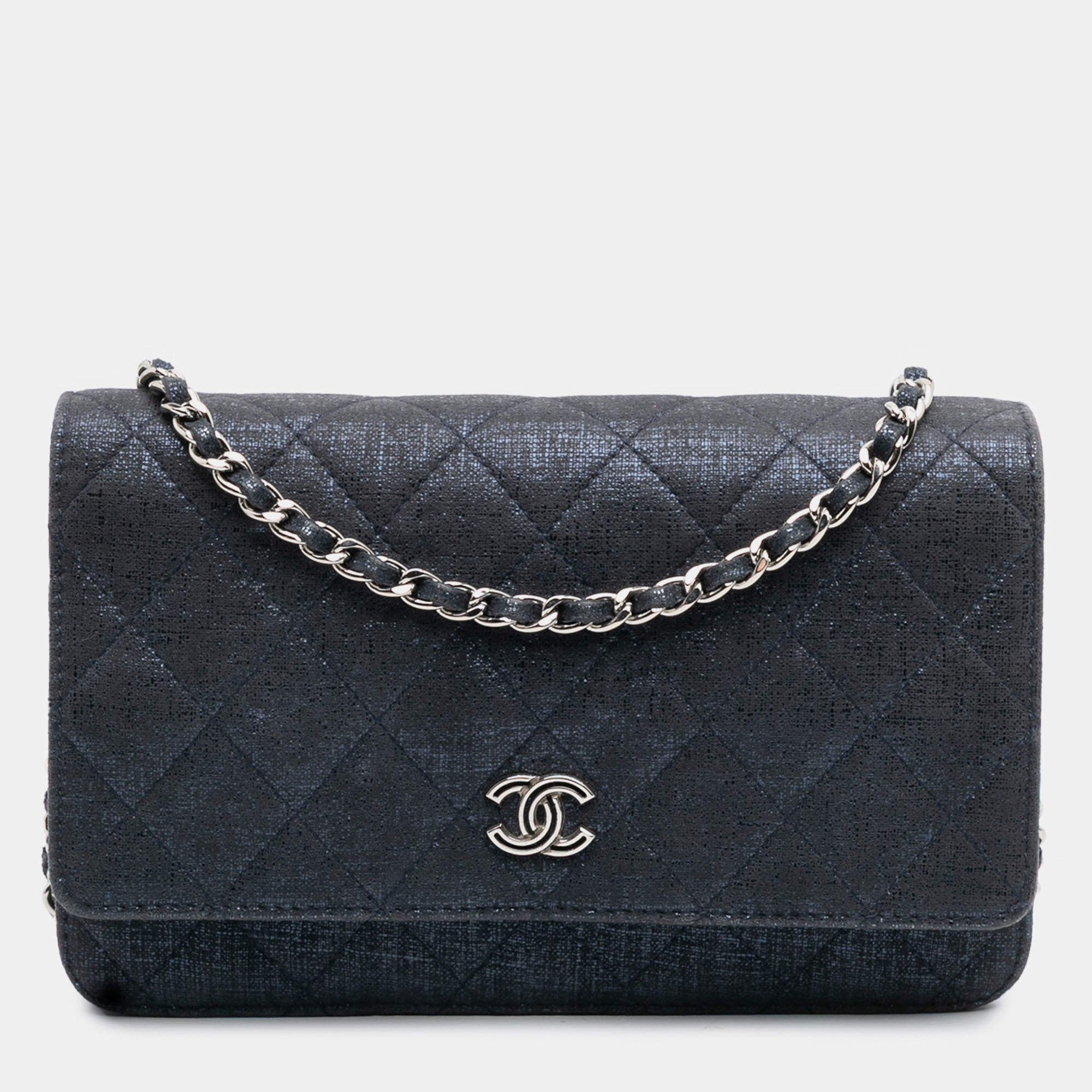 Pre Owned Chanel Navy Blue CC Quilted Metallic Fabric Wallet On Chain