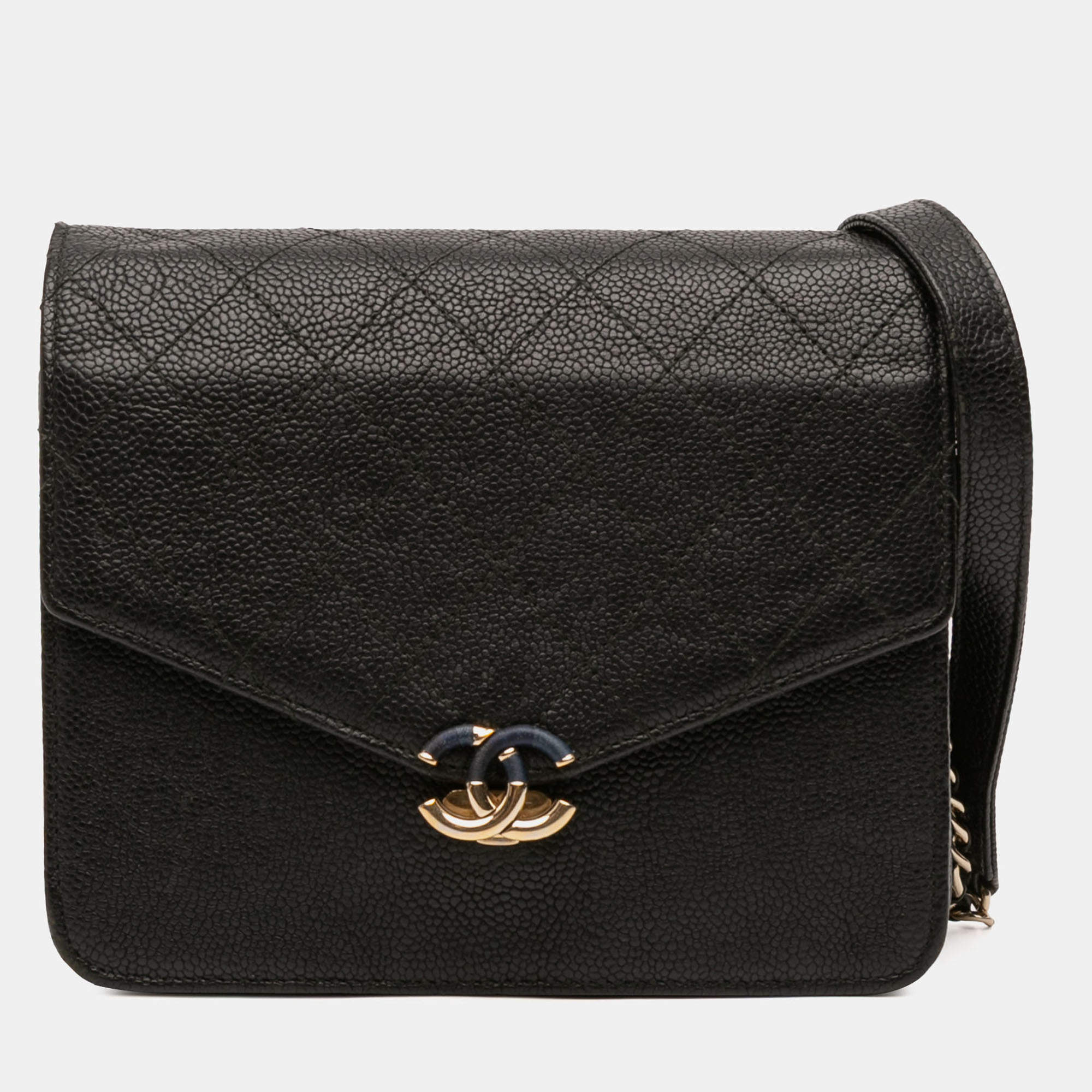 Pre Owned Chanel Black Paris-Cuba Square Quilted Caviar Thread Around Wallet On Chain