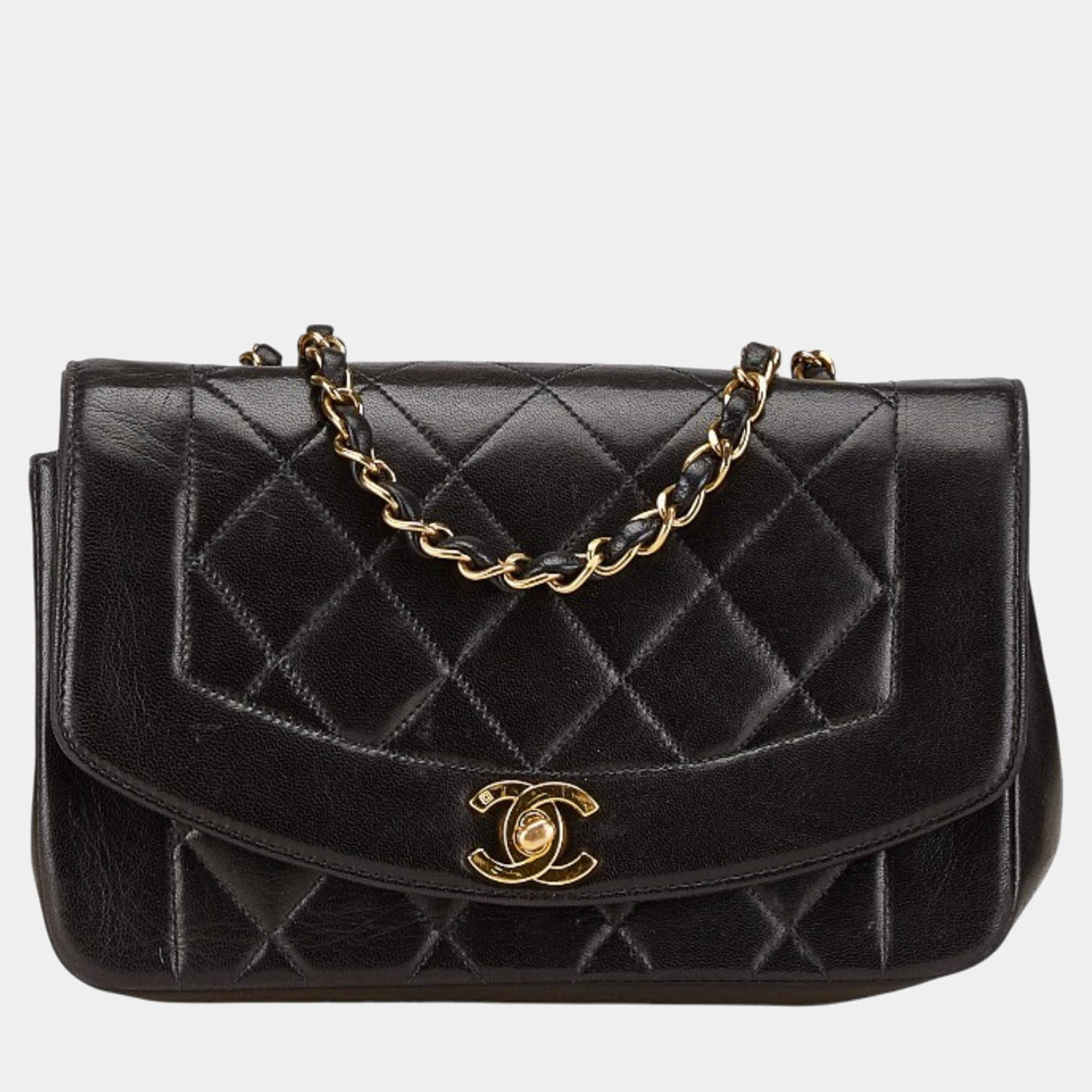 Pre Owned Chanel Matelasse Diana 22 Coco Mark Black Lambskin Shoulder Bag 