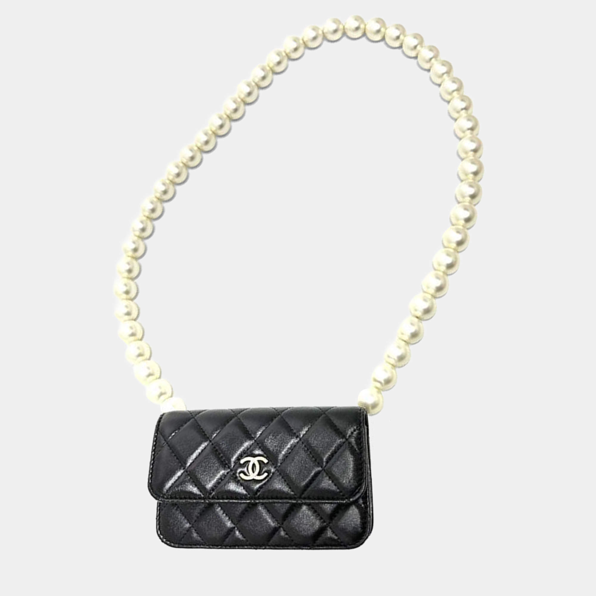 Pre Owned Chanel Cc Coco Mark Pearl Black Lambskin Long Chain Wallet