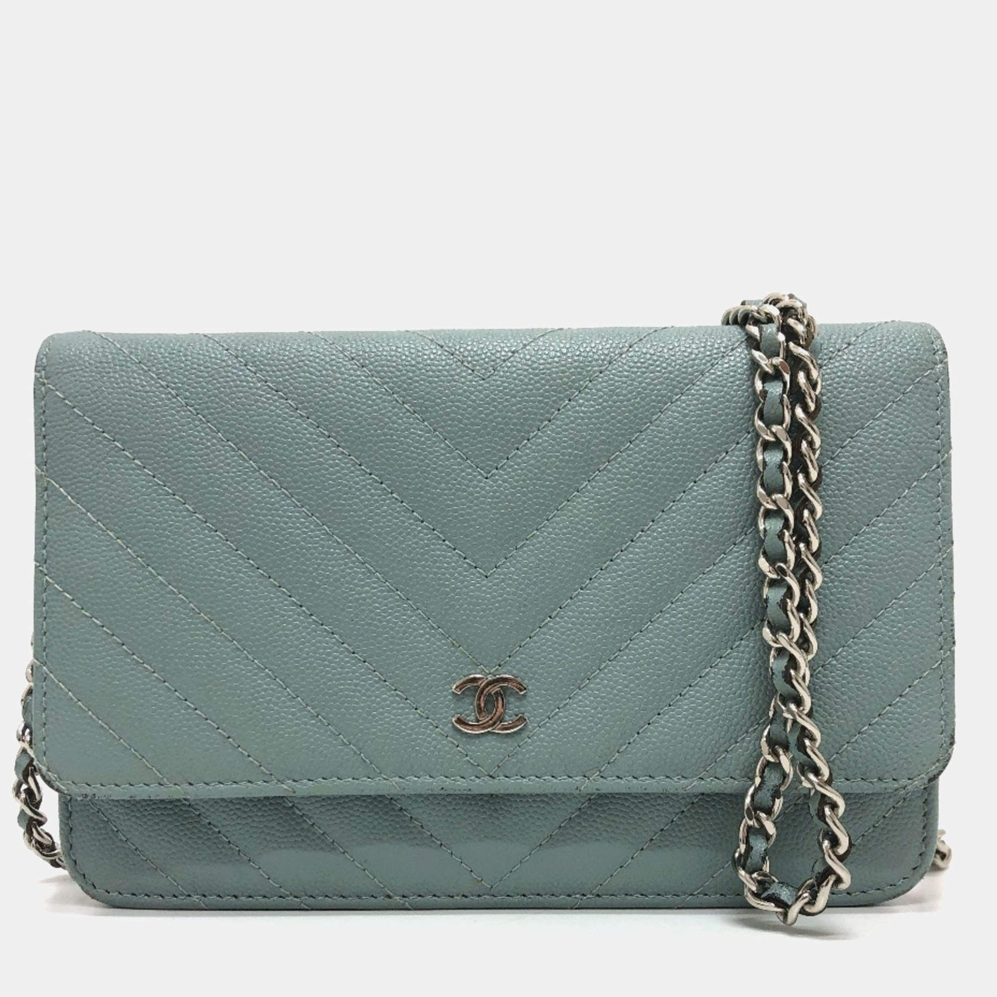 Pre Owned Chanel Long Wallet With V-Stitching And Coco Mark  Cc Chain Shoulder Bag  Caviar Leather    Blue