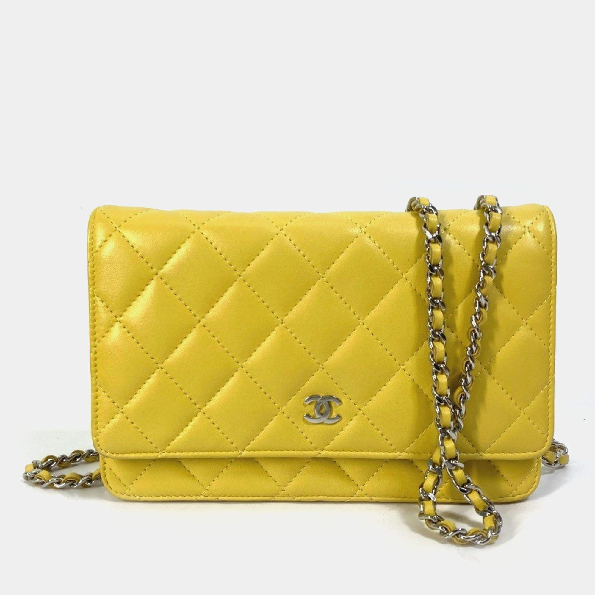Pre Owned Chanel Cc Coco Mark Matelasse Quilted Chain Wallet/Long Wallet Lambskin  Yellow