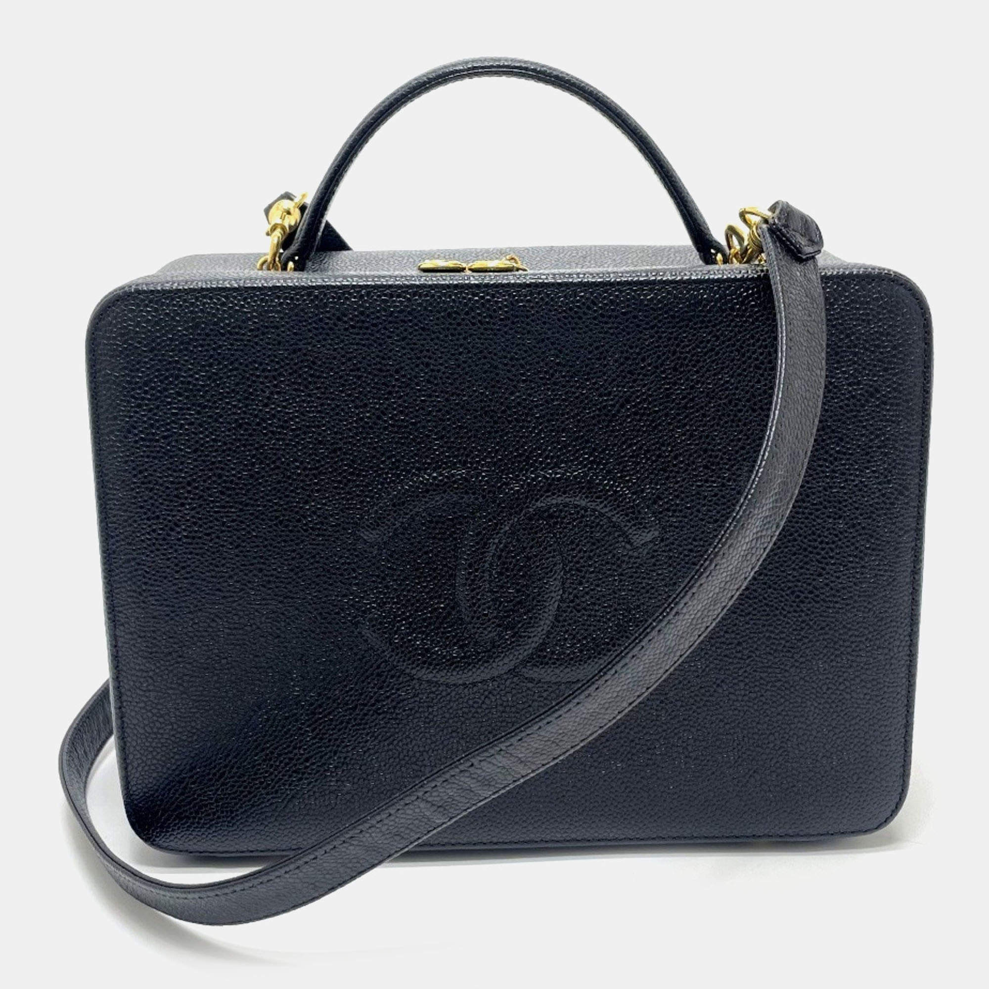 Pre Owned Chanel Coco Mark Vanity Bag  Deka Coco  2-Way Shoulder Bag/Handbag  Caviar Skin  Black