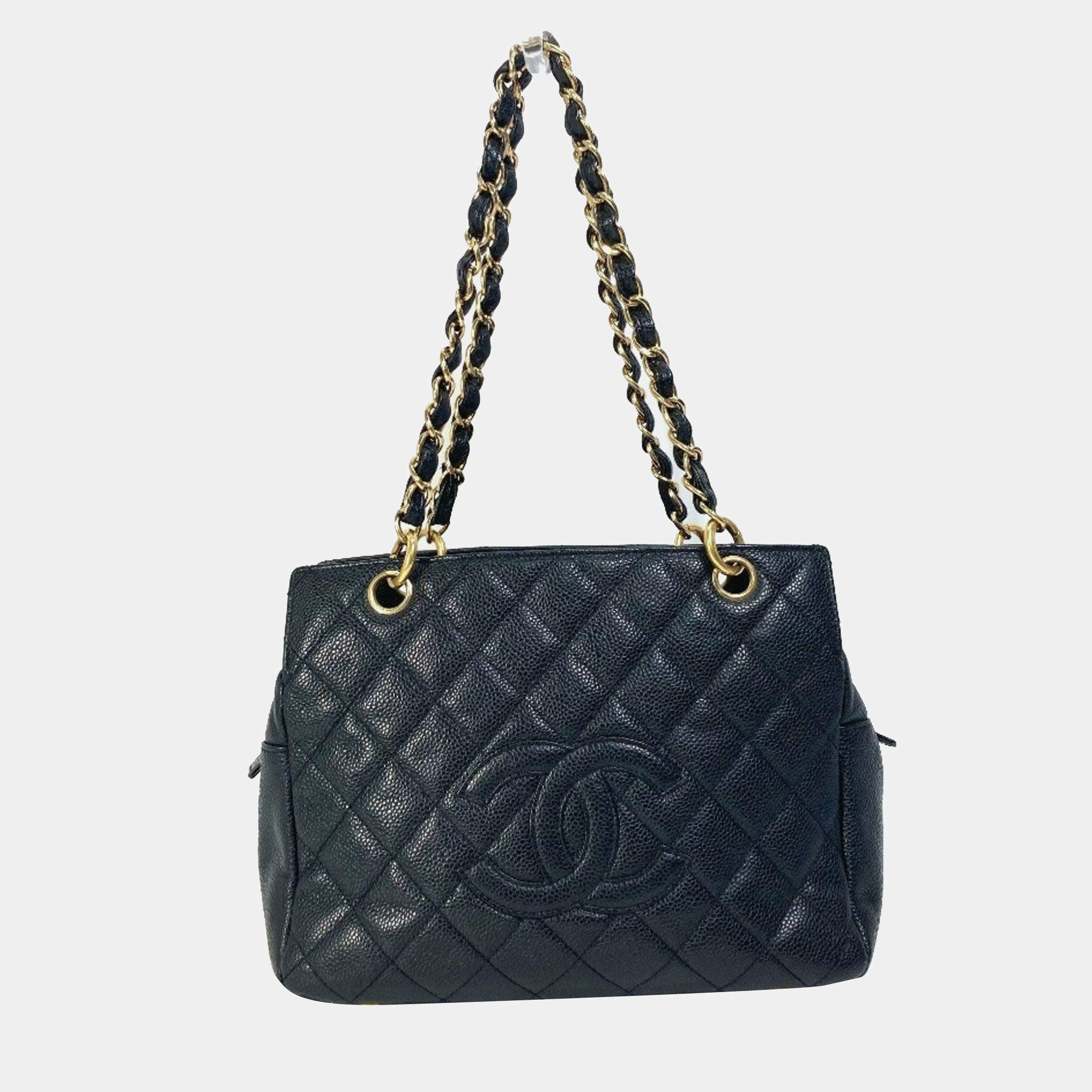 Pre Owned Chanel Cc Coco Mark Matelasse Quilted Double Chain Tote Bag Shoulder Caviar Skin Black
