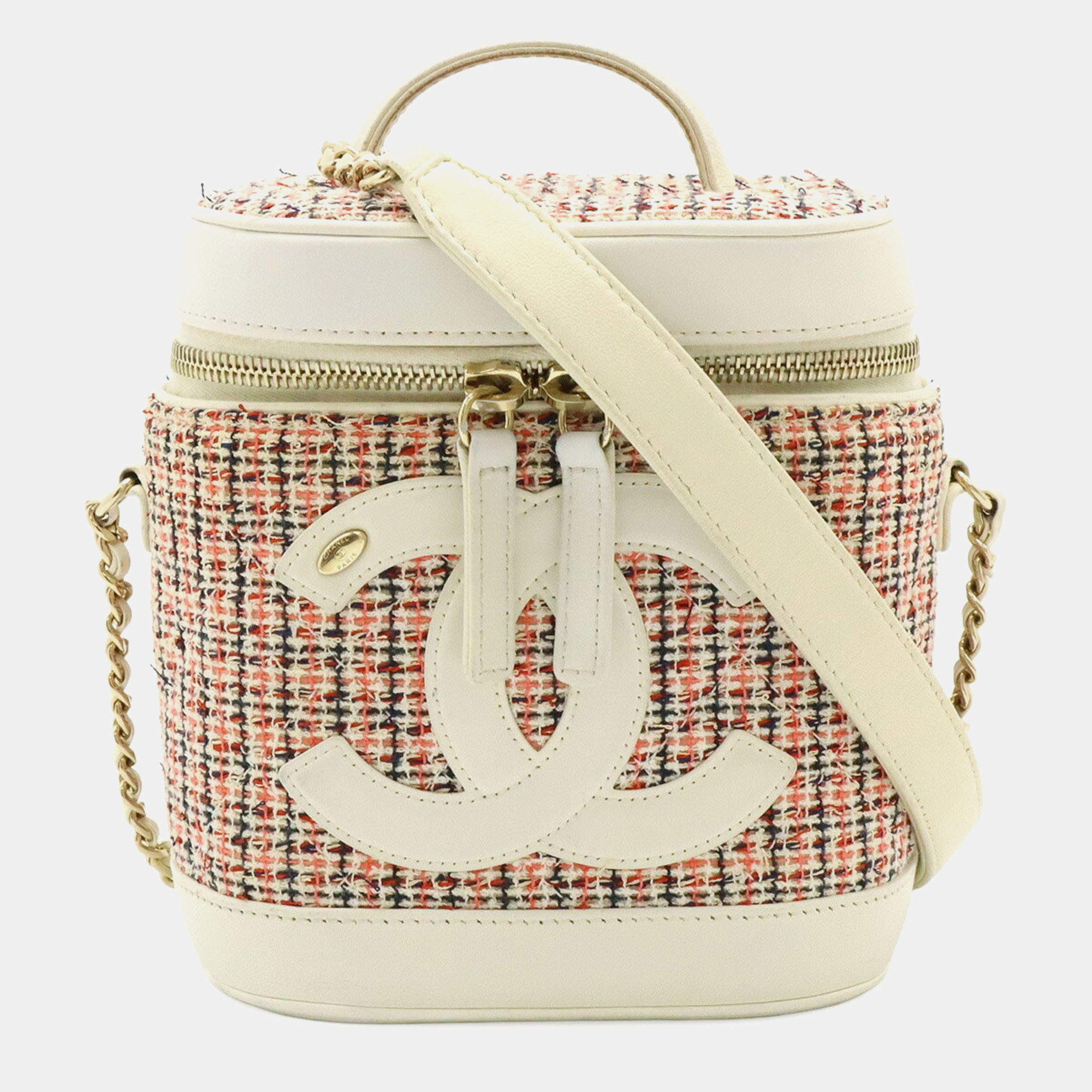 Pre Owned Chanel Cruise Line Coco Mark Vanity Case/Vanity Bag/Handbag/Chain Shoulder Bag In Tweed And White