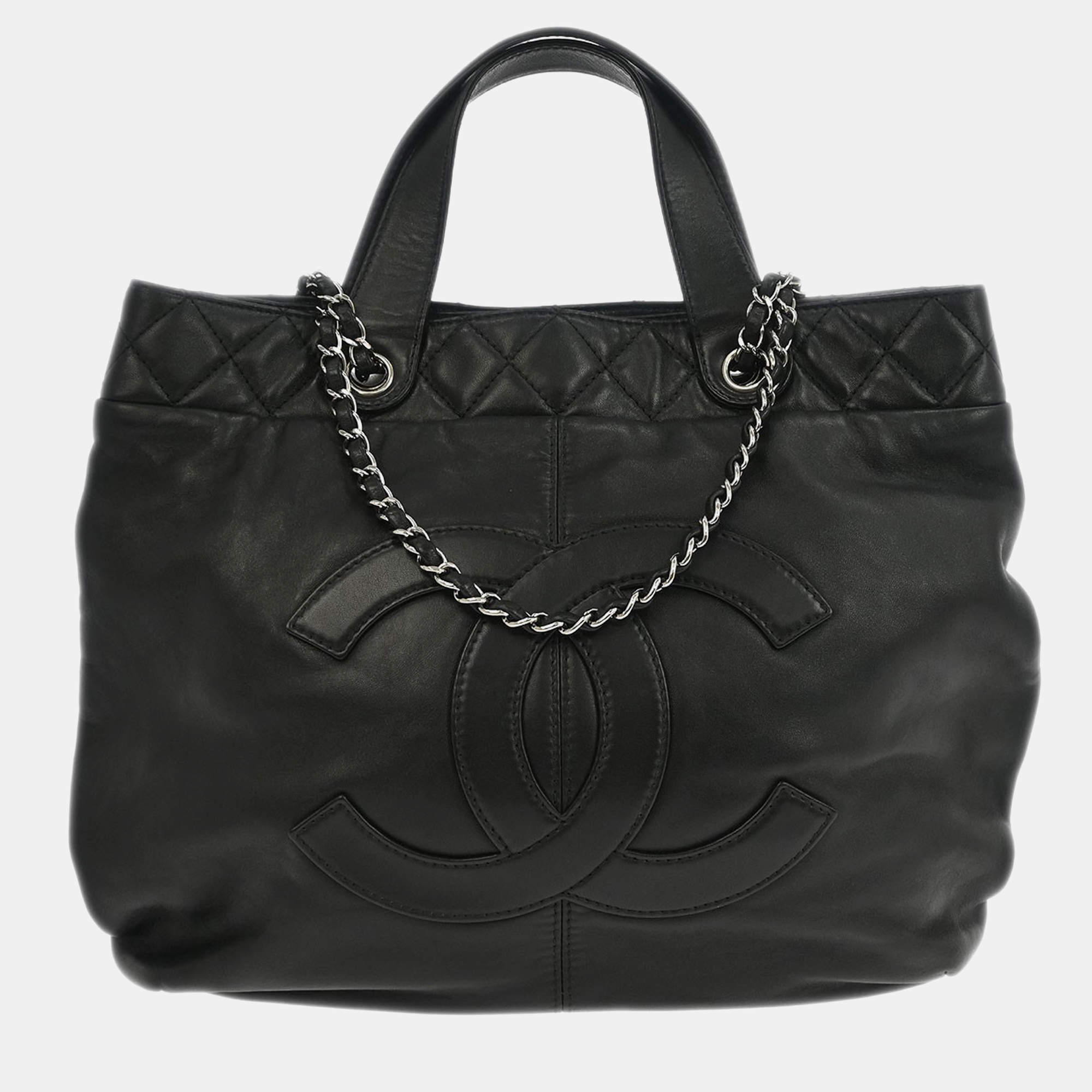 Pre Owned Chanel Black Calfskin Trianon Tote 2way Handbag