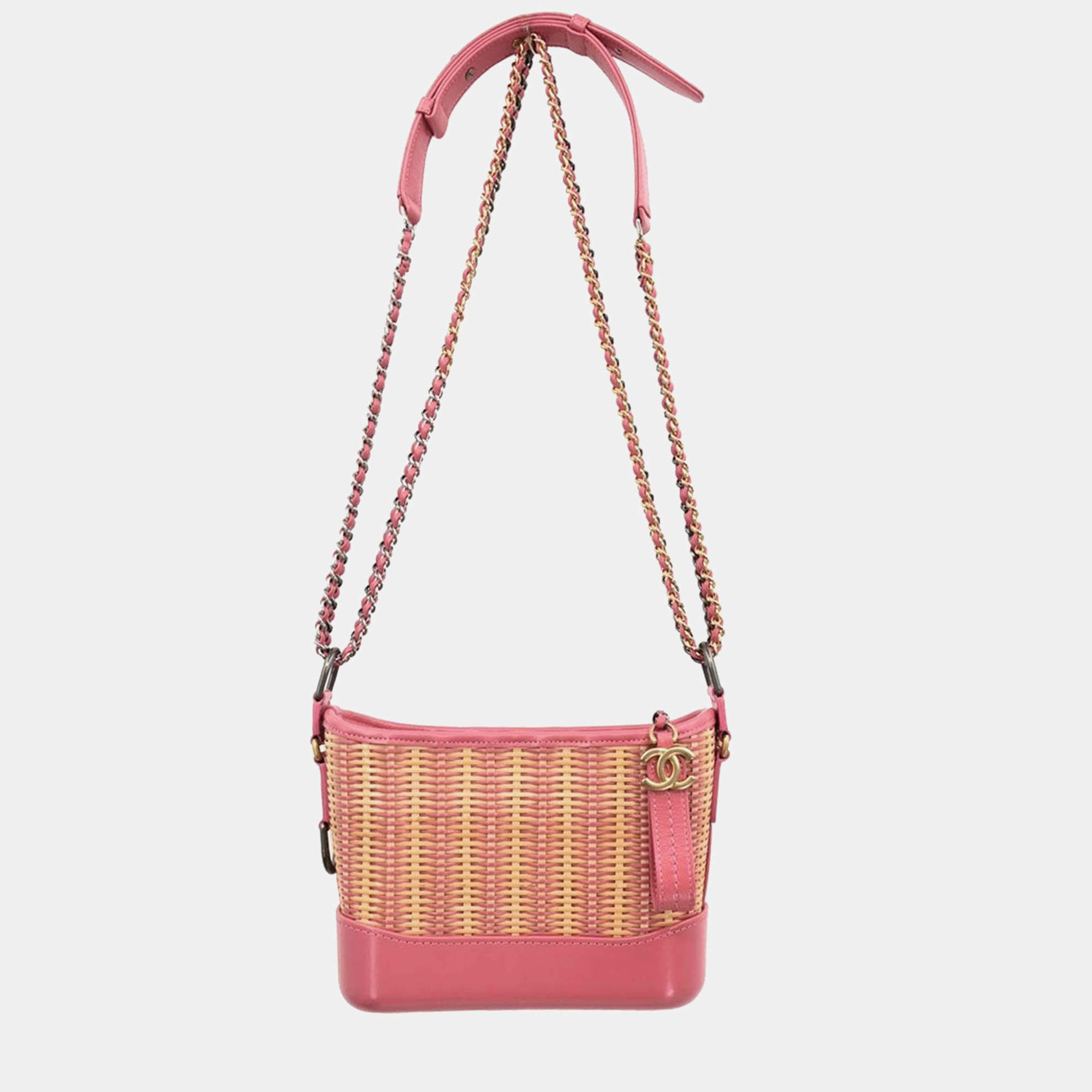 Pre Owned Chanel Pink Rattan Calfskin Small Gabrielle Shoulder Bag
