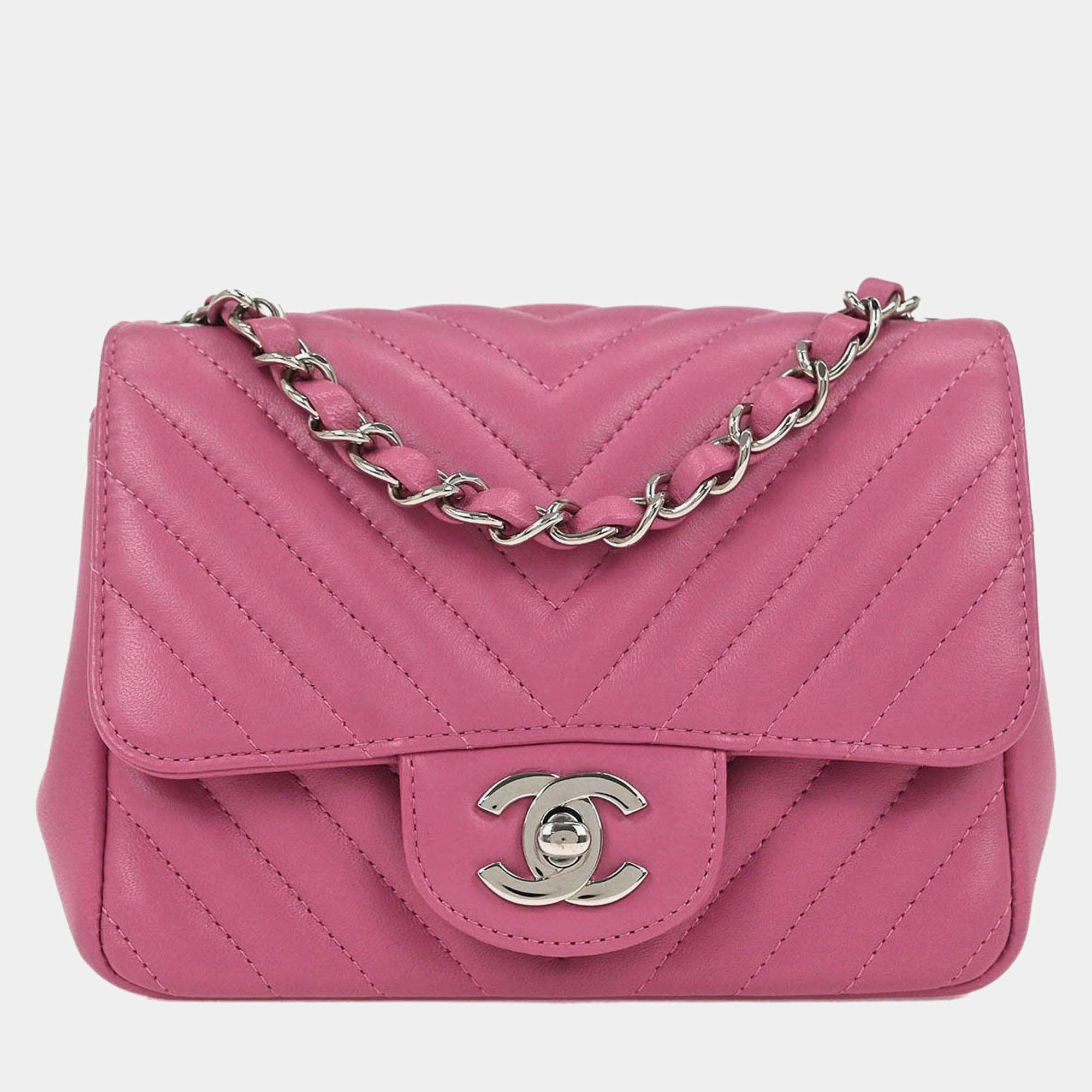 Pre Owned Chanel Pink Lambskin Chevron Mini Classic Square Flap Bag