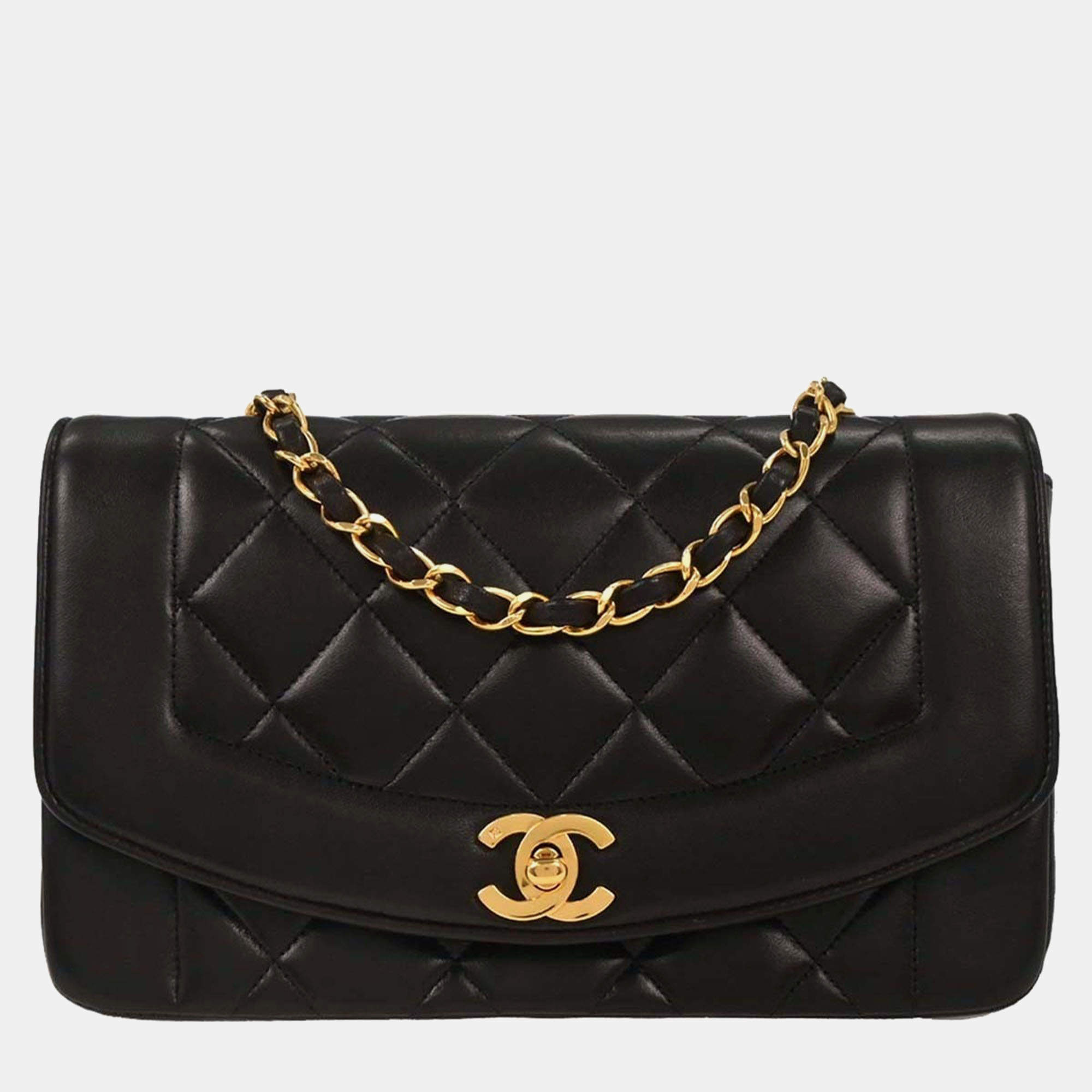 Pre Owned Chanel Black Lambskin Small Diana Shoulder Bag