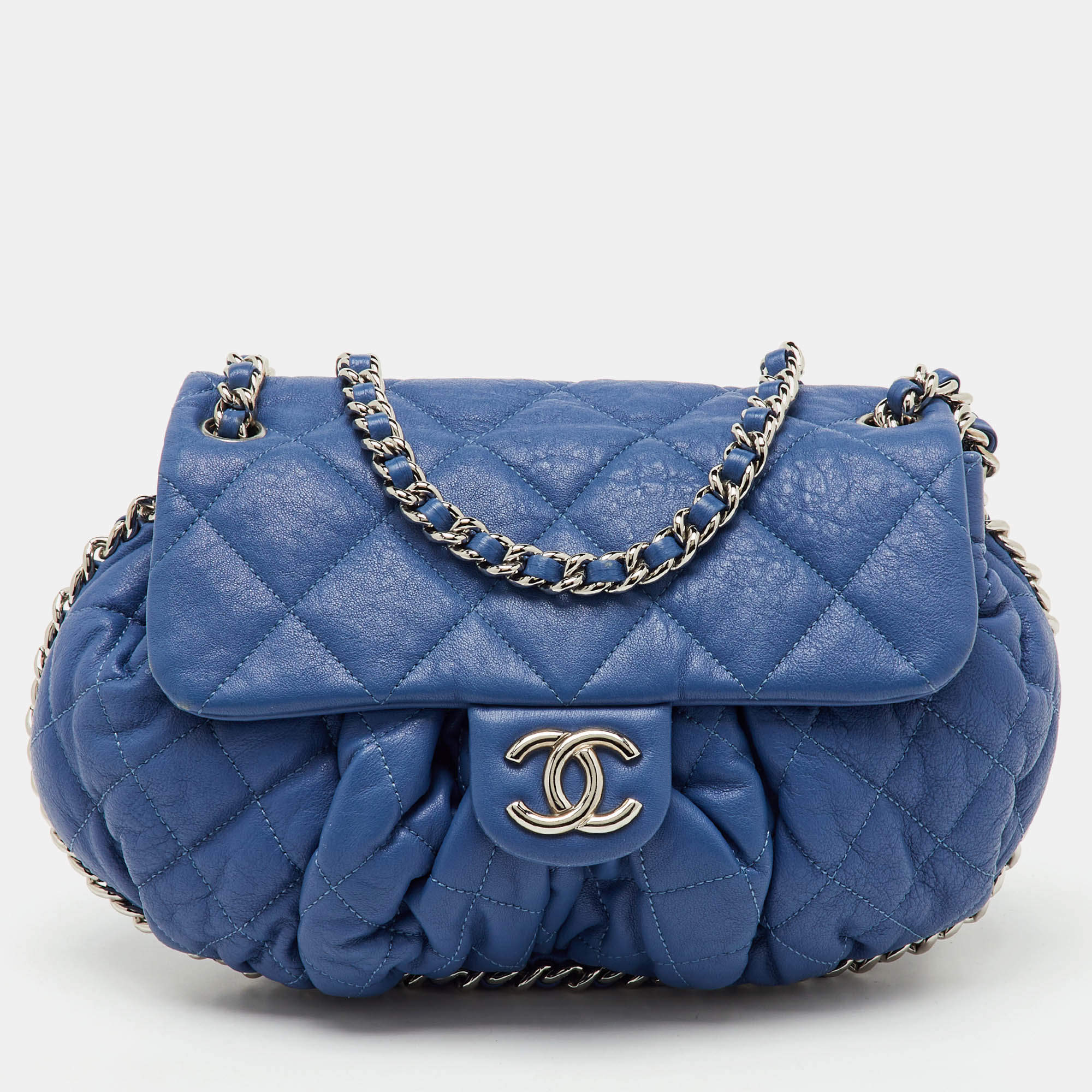 Pre Owned Chanel Blue Quilted Leather CC Flap Chain Around Bag