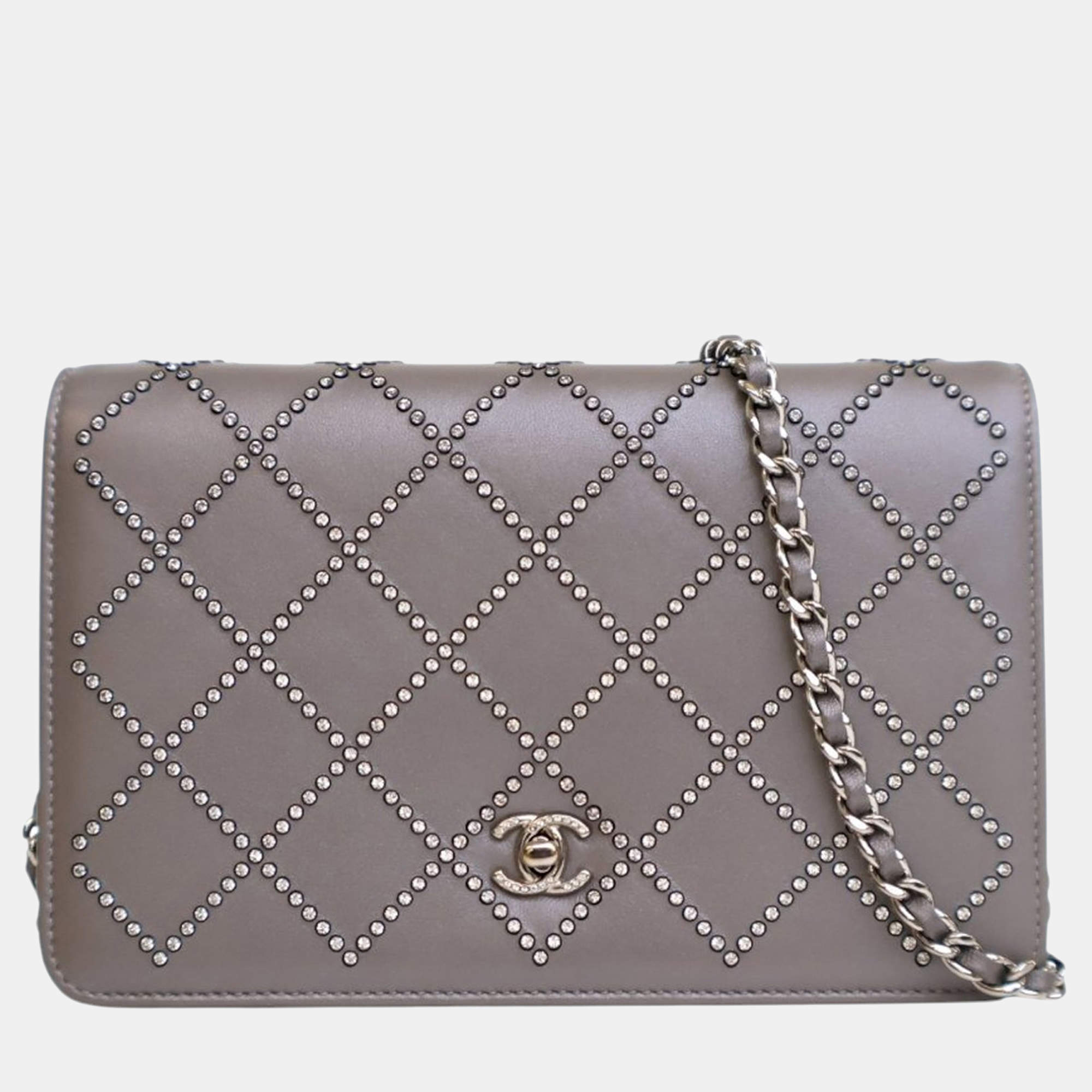Pre Owned Chanel Grey CC Studded Calfskin Crystal Wallet On Chain