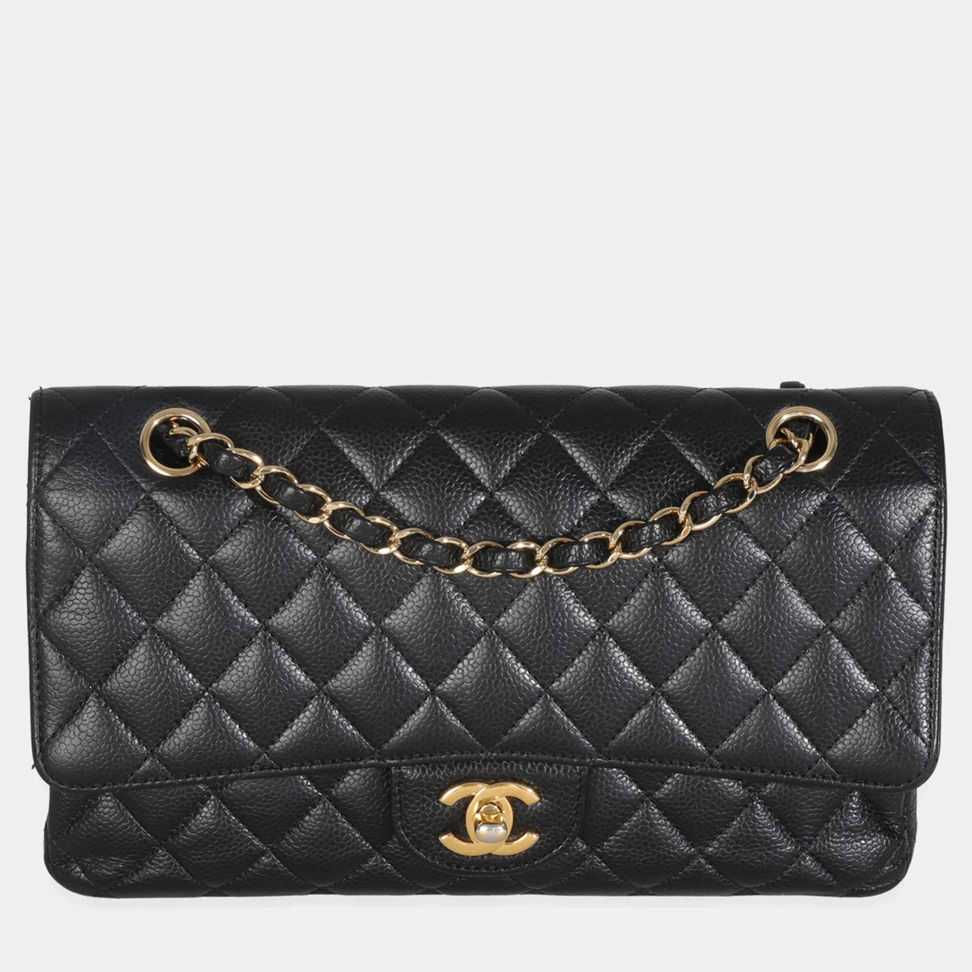 Pre Owned Chanel Black Quilted Caviar Medium Classic Double Flap Bag
