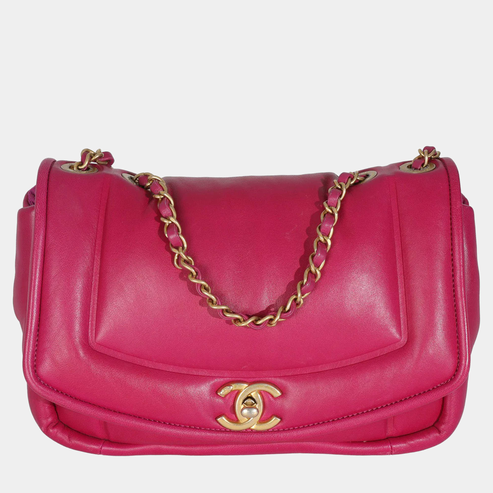 Pre Owned Chanel Dark Pink Lambskin Medium Simply Flap Bag