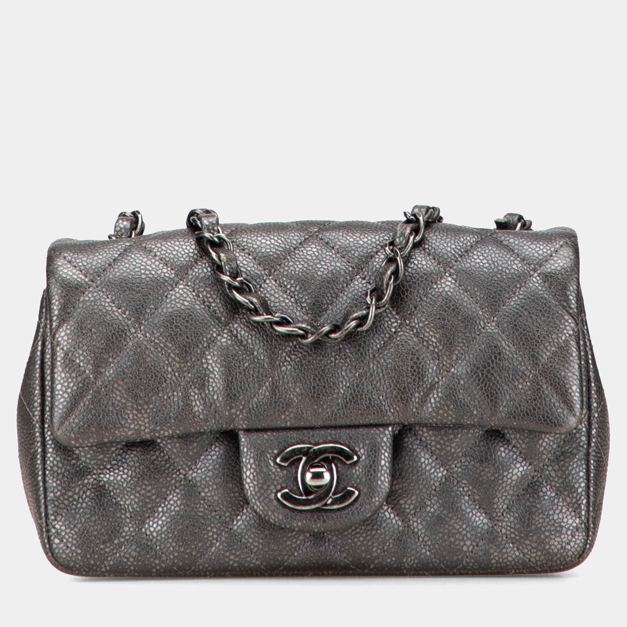 Pre Owned Chanel Grey Mini Rectangular Classic Metallic Caviar Single Flap