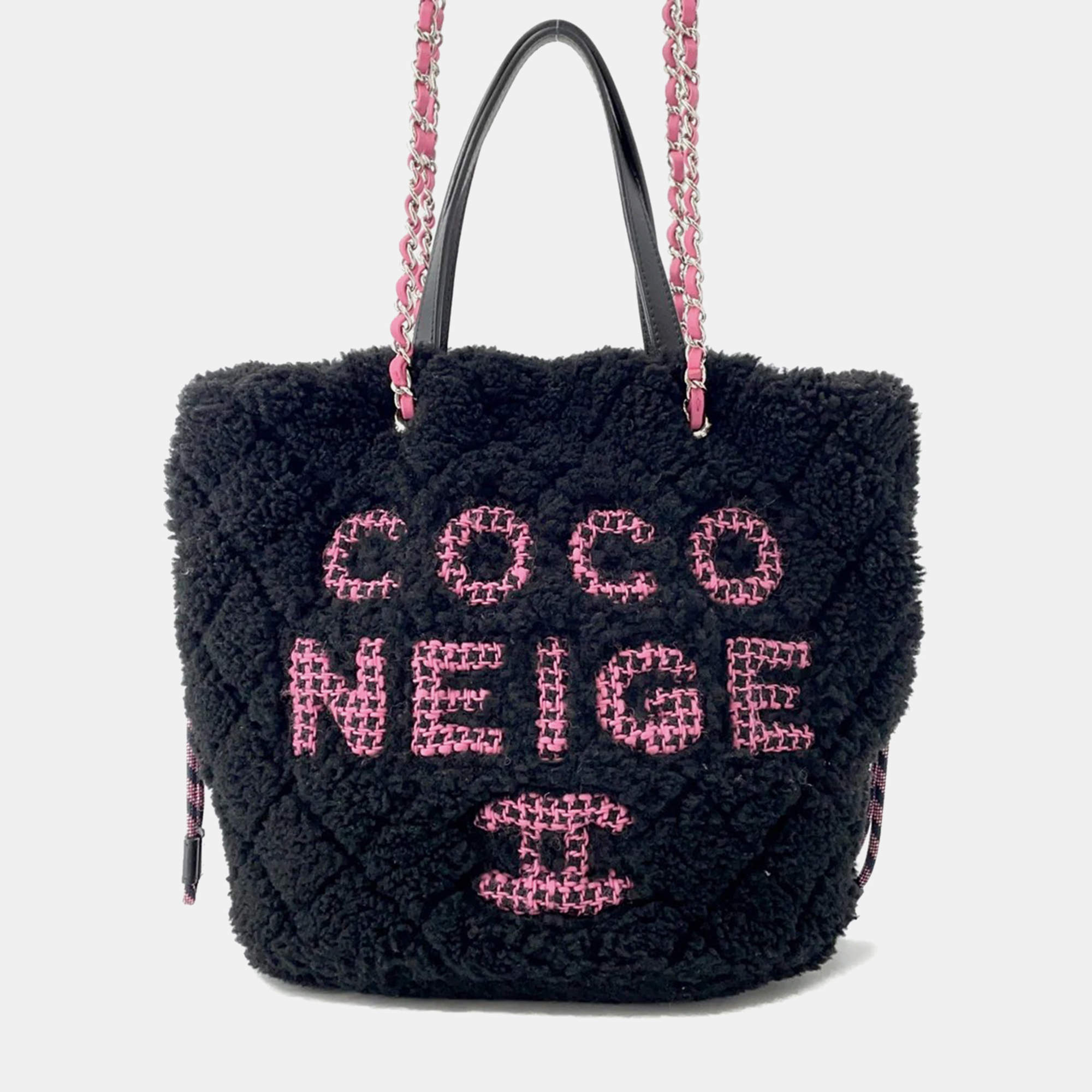 Pre Owned Chanel Coco Neige Tote Bag Black Pile Leather