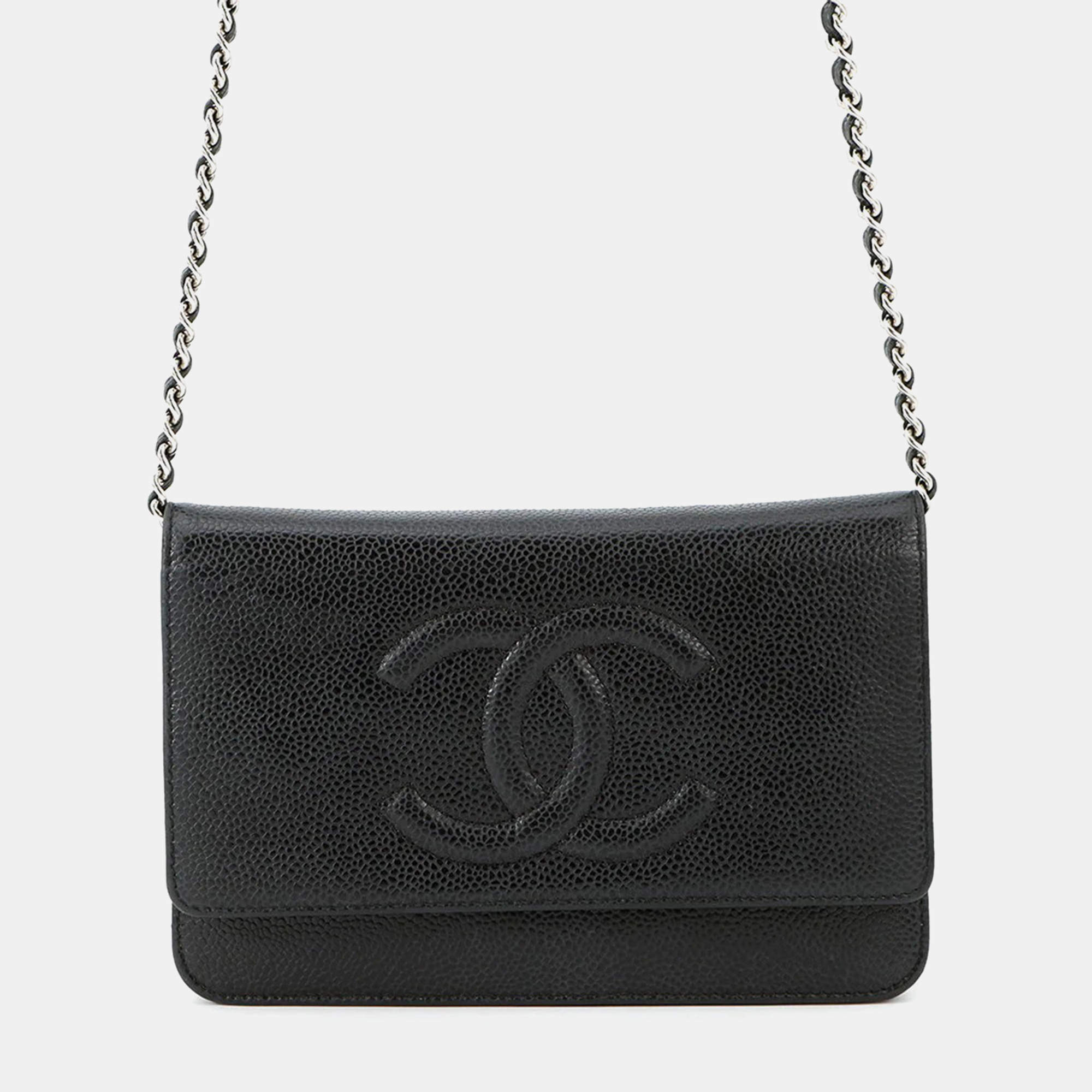 Pre Owned Chanel Cc Logo Chain Wallet Black Caviar Leather