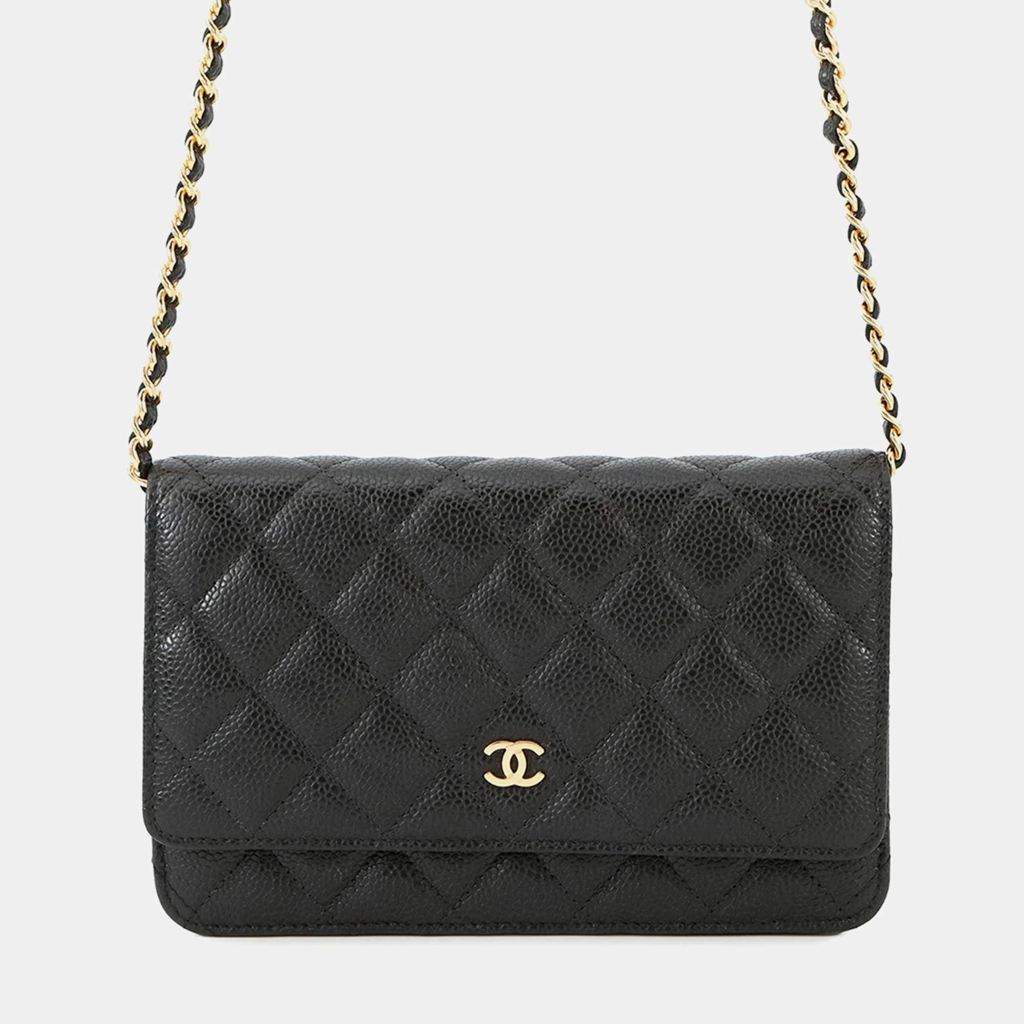 Pre Owned Chanel Matelasse Chain Wallet Black Caviar Leather